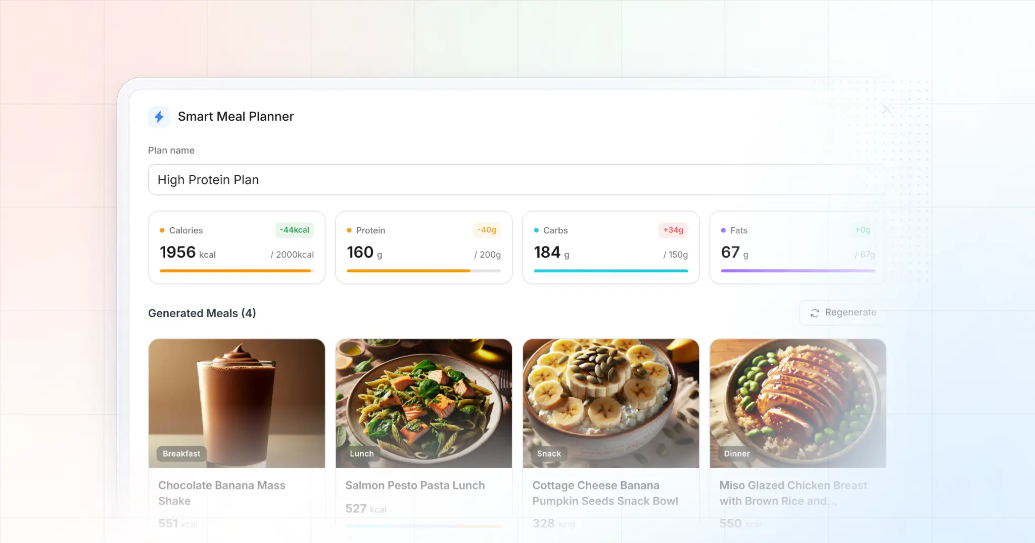 A meal plan generated by HubFit's Smart Meal Planner: four meals for the day with their calories and macros