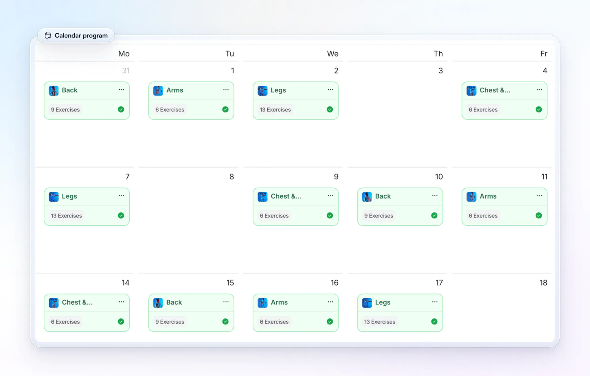 A client's training calendar on the coach's web app: Back, Arms, Legs and Chest and Shoulder sessions across three weeks, the finished ones in green