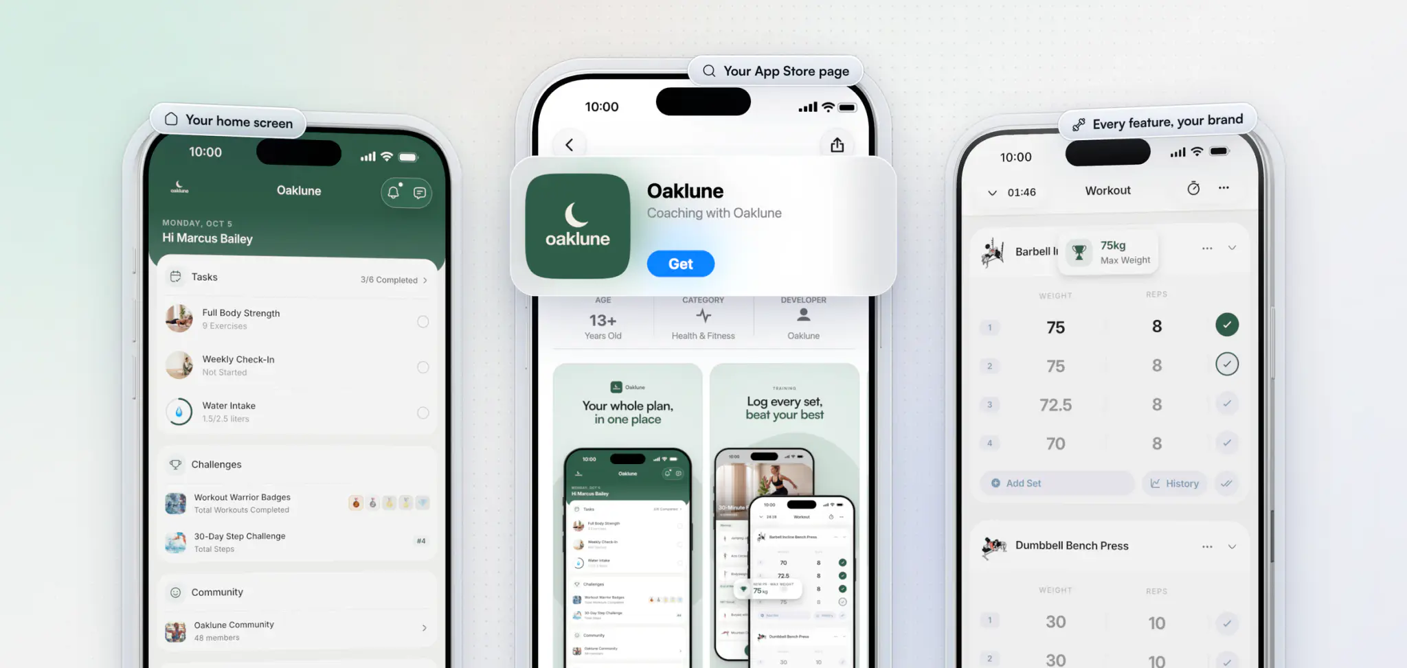 An example branded app built on HubFit, Oaklune, in its own green: the client's home screen with today's tasks, challenges and community, the app's own App Store page with its icon and screenshots, and a workout logging a new personal record