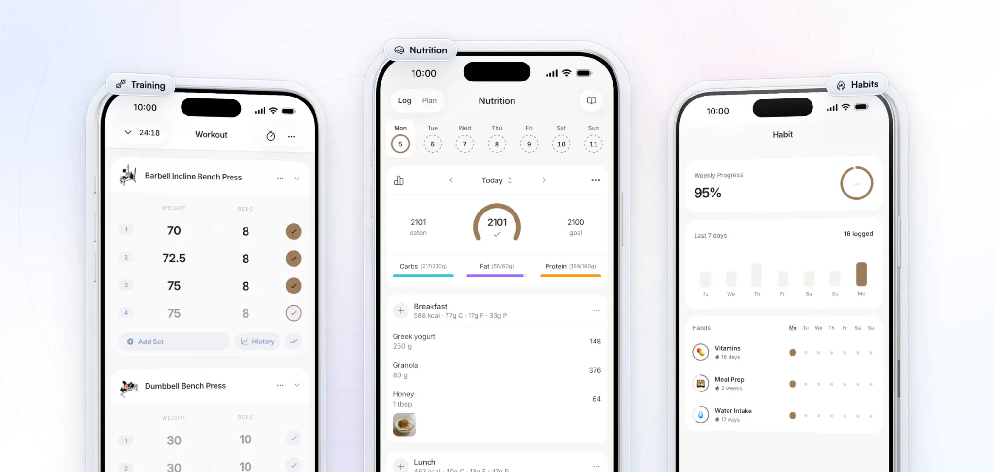 Inside a coach's own branded app, The Pilates Room: a workout logged set by set, the day's food log against calorie and macro targets, and daily habits with their streaks