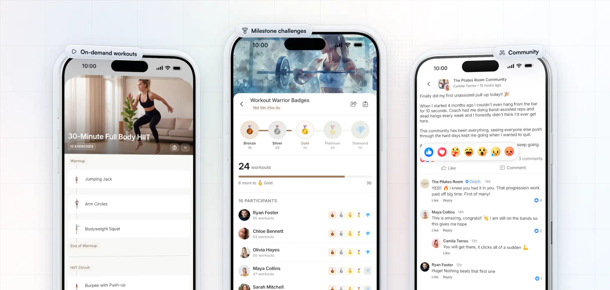 Three screens that bring clients back to a coach's own app, The Pilates Room: an on-demand 30-Minute Full Body HIIT workout, the Workout Warrior Badges milestone challenge, and a client's first pull-up celebrated in the coach's community