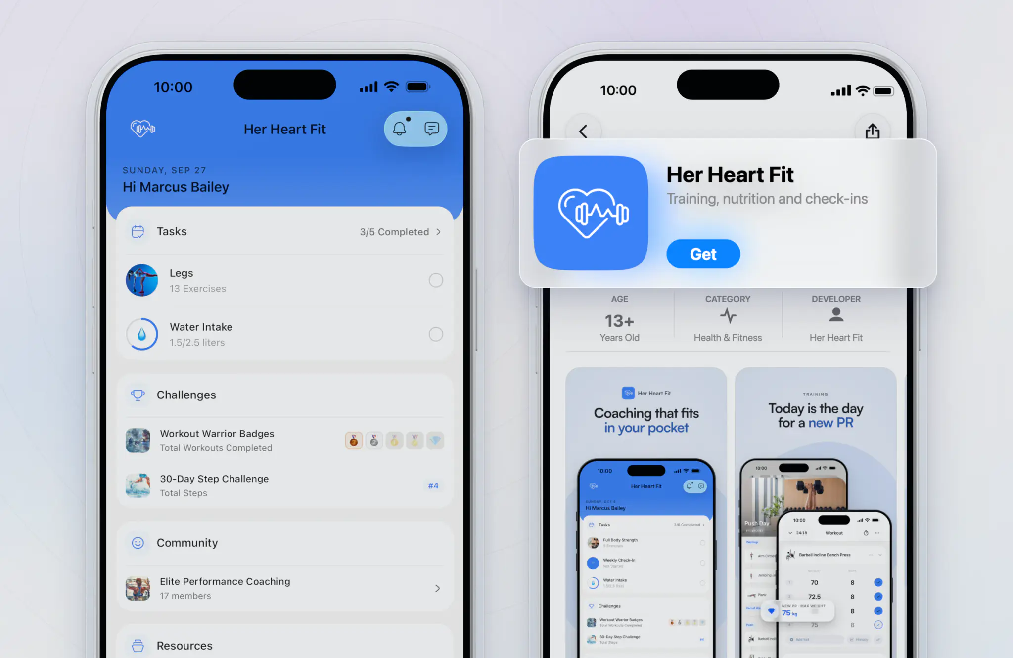 An example branded app for a personal trainer, Her Heart Fit: the client home screen in its own blue with its heart-and-dumbbell logo, beside its App Store listing with the same icon, the app's name and its store screenshots