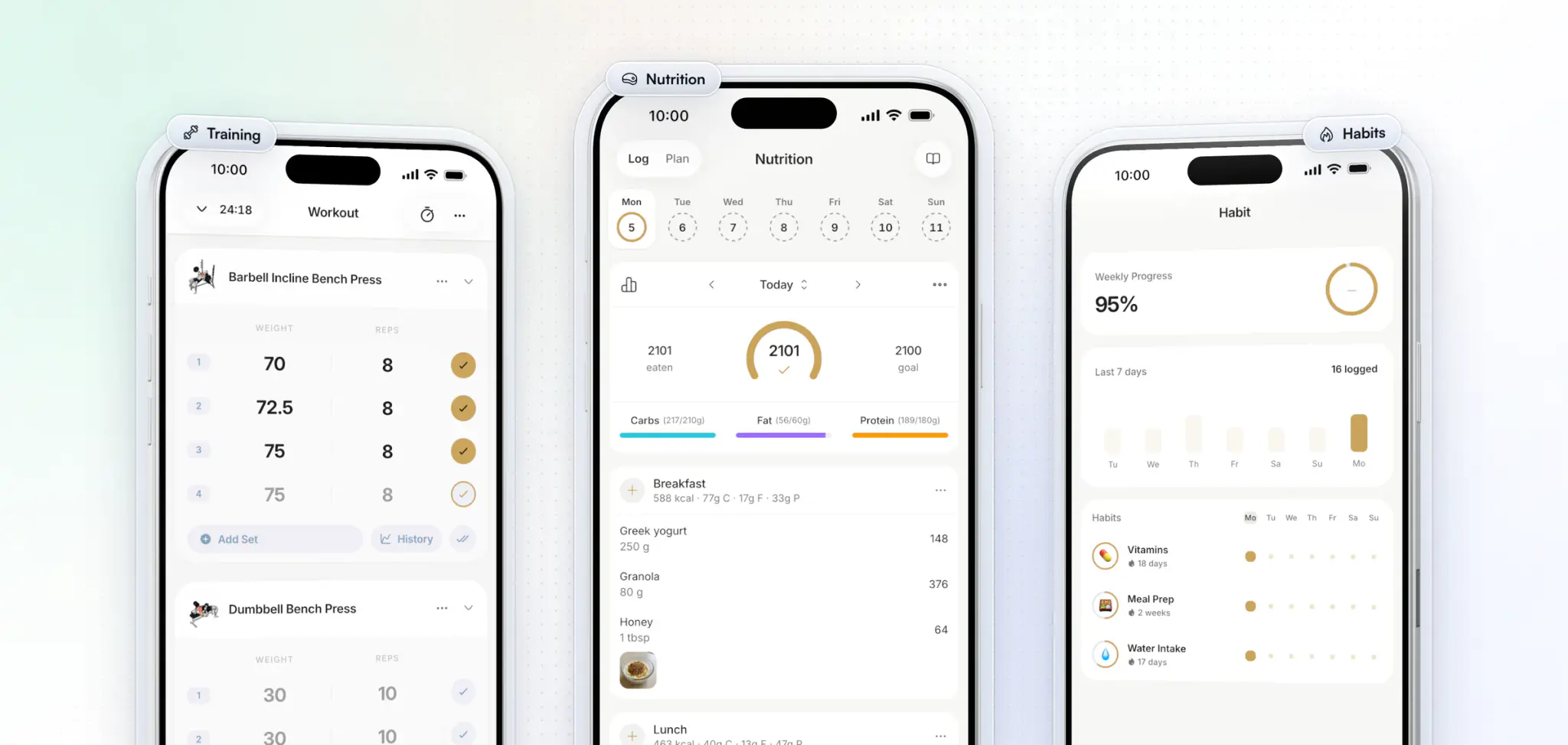 A personal trainer's own app, Morrison Method, in its gold: a Barbell Incline Bench Press logged set by set, the day's food log right on its calorie and macro targets, and daily habits for vitamins, meal prep and water intake with their streaks