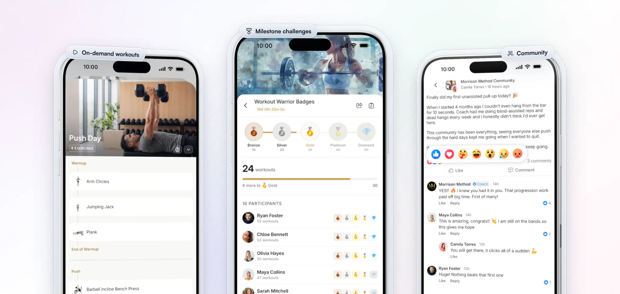 Three more screens from Morrison Method: an on-demand Push Day workout ready to start, a Workout Warrior milestone challenge with Bronze to Diamond badges, and a client's first unassisted pull-up celebrated in the Morrison Method Community with the coach's reply
