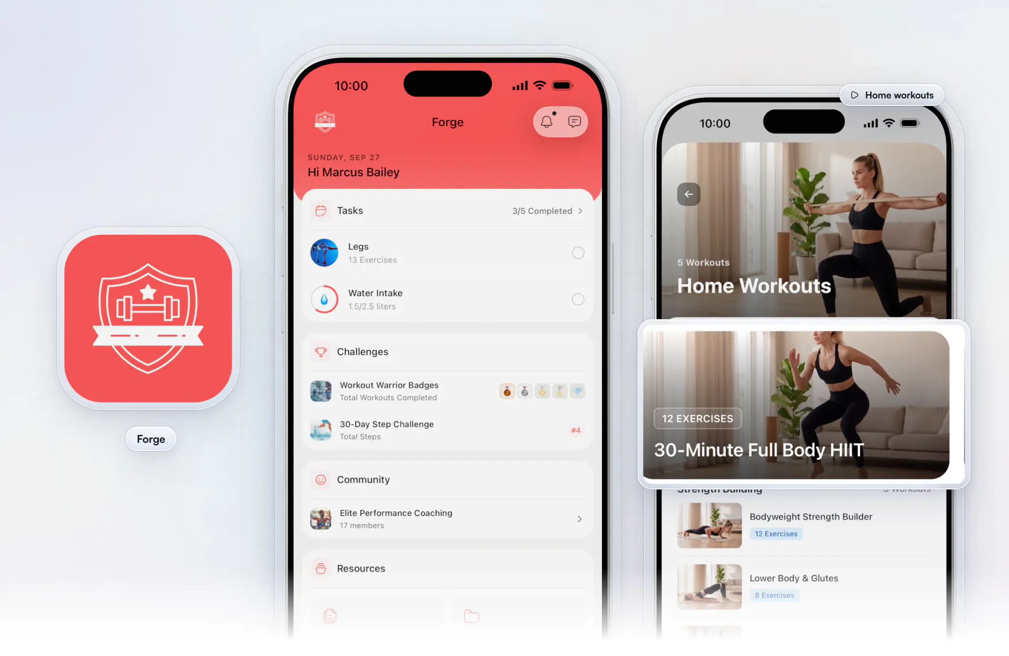 An example branded gym app, Forge: its red shield icon beside the member home screen in Forge red with today's tasks, two challenges and the member community, and the Workout Studio's Home Workouts with a 30-minute full-body HIIT session to stream