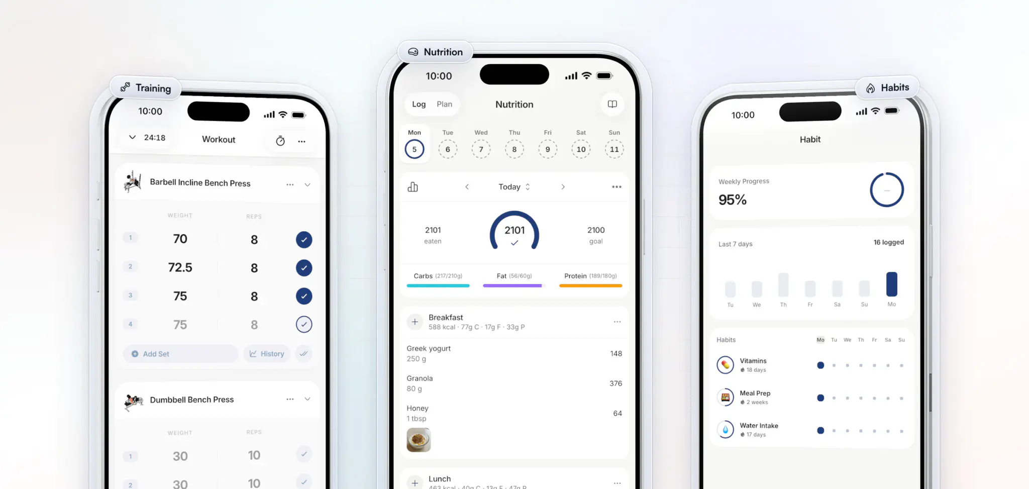 Inside an example gym's own app, Southside Barbell, in its navy: a workout logged set by set, the day's food log against macro targets, and the member's daily habits