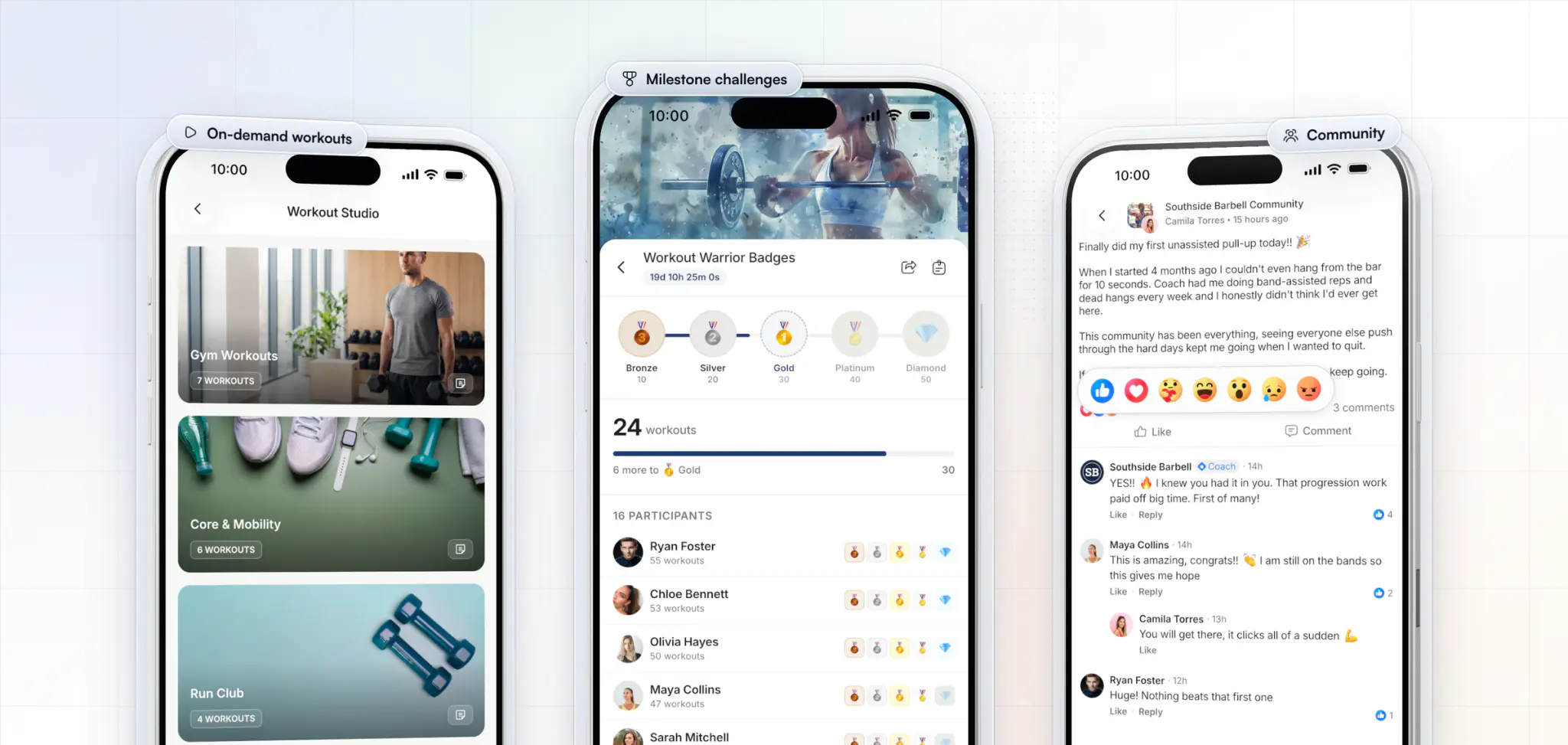 More of Southside Barbell's app: the on-demand Workout Studio library, a Workout Warrior milestone challenge with its badges, and the gym's community feed