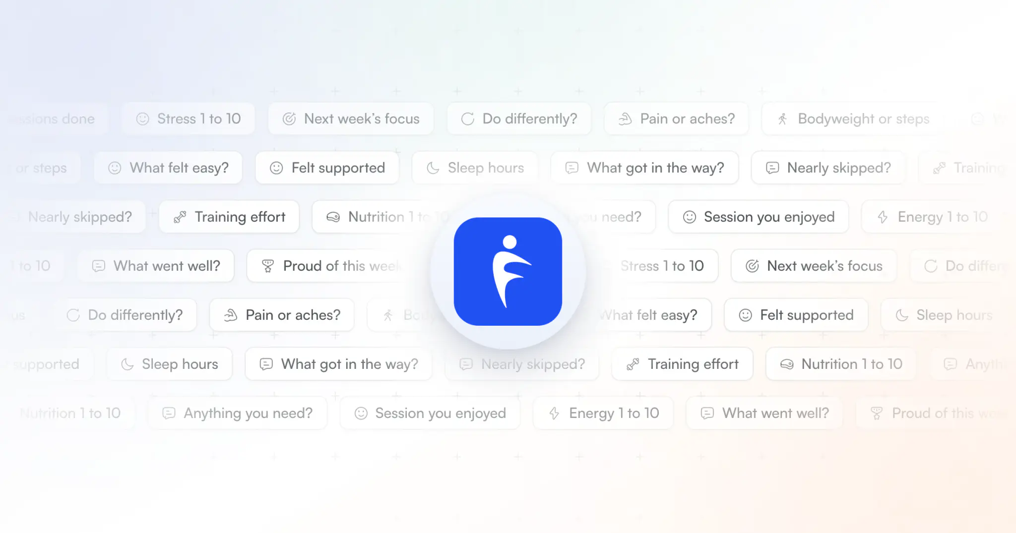 Rows of check-in questions as soft tags, such as energy, sleep, stress, what went well and next week's focus, around the HubFit app icon on a white grid