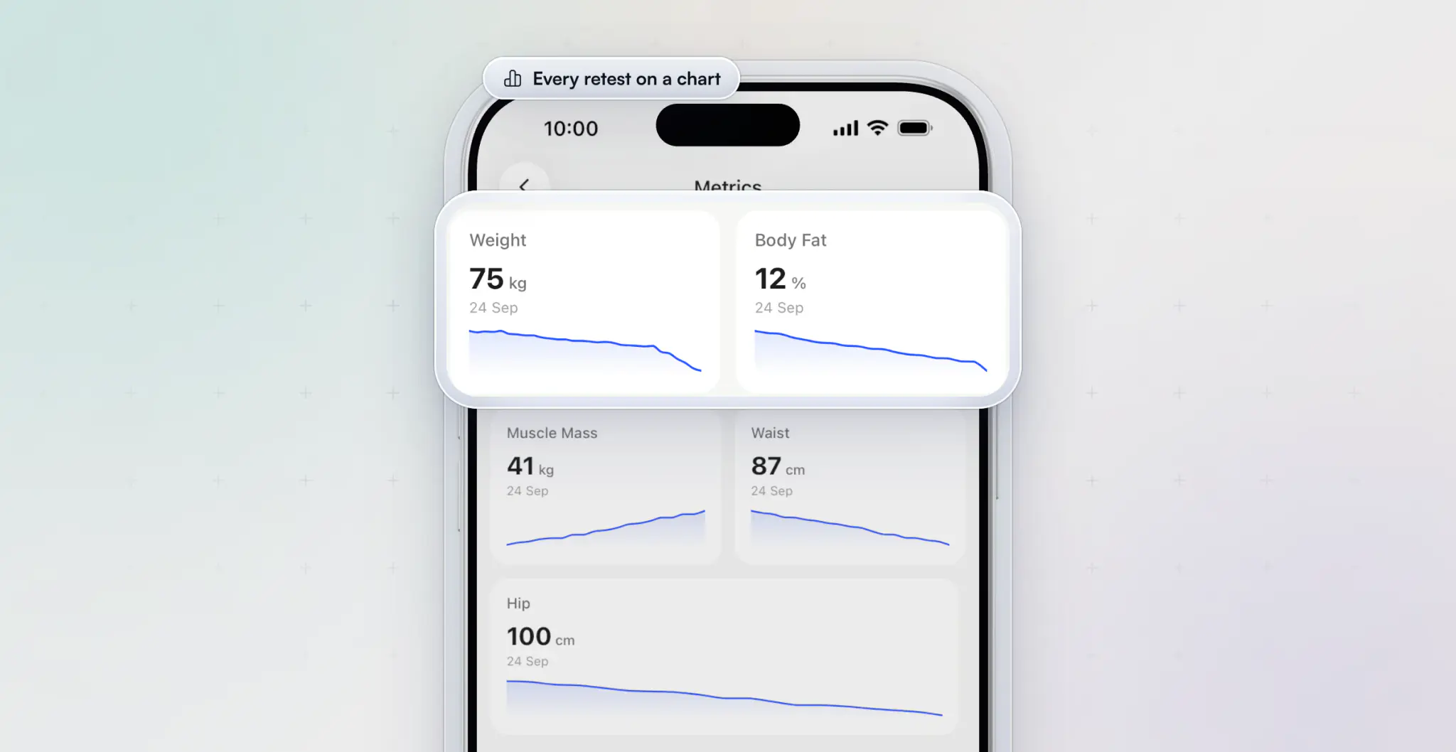 A client's Metrics in the HubFit app: weight, body fat, muscle mass, waist and hip, each with its latest value and a trend line, with the weight and body fat row lifted out