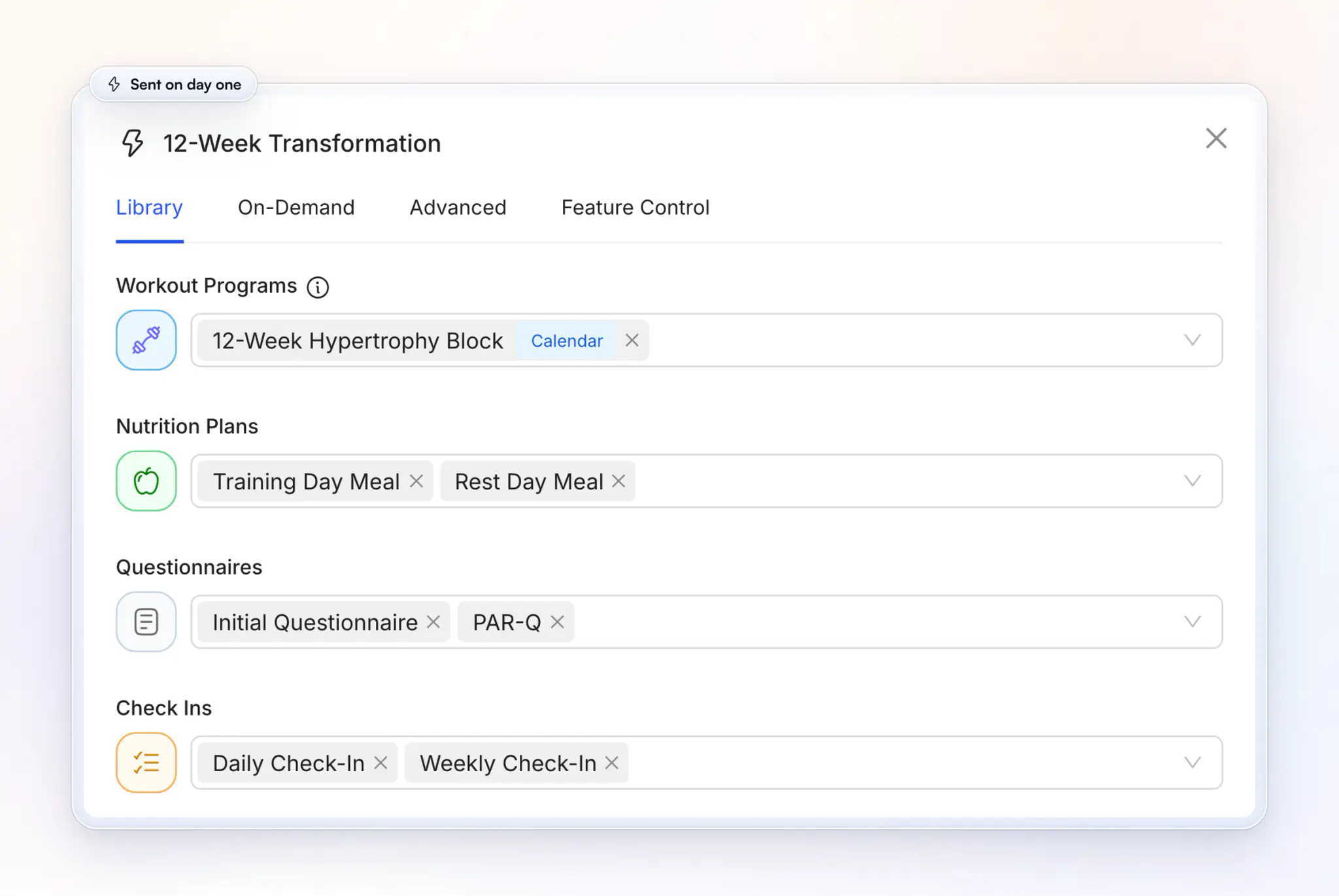 A HubFit Onboarding Flow called 12-Week Transformation: a 12-week workout program, training-day and rest-day nutrition plans, the Initial Questionnaire and PAR-Q questionnaires, and daily and weekly check-ins, all assigned to a new client automatically