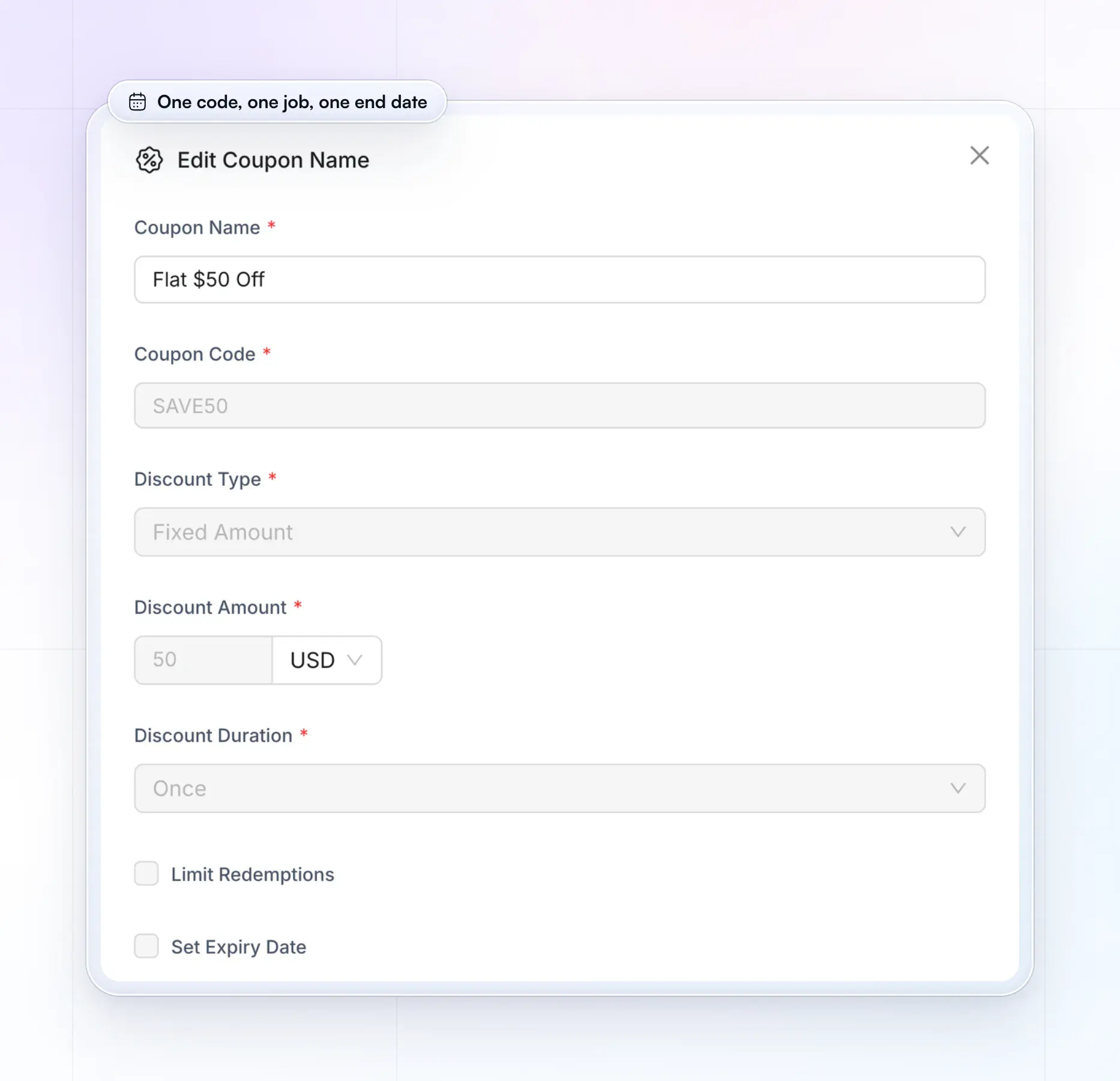 HubFit's Edit Coupon window on the web: a coupon named Flat $50 Off with the code SAVE50, a fixed discount of 50 US dollars applied once, with boxes to limit redemptions and set an expiry date