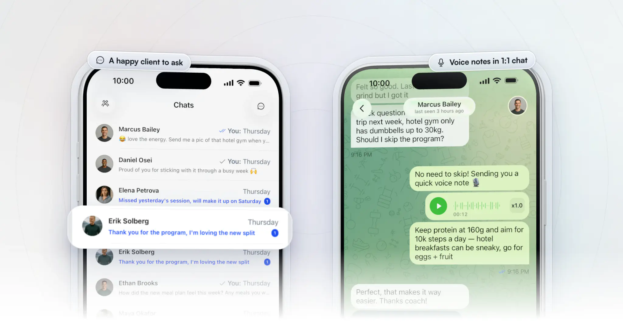 The coach app's chat list on iPhone with a client's message, "Thank you for the program, I'm loving the new split", lifted out as the moment for a referral ask, beside a 1:1 chat where the coach answers a client with a voice note and a tip for a hotel week