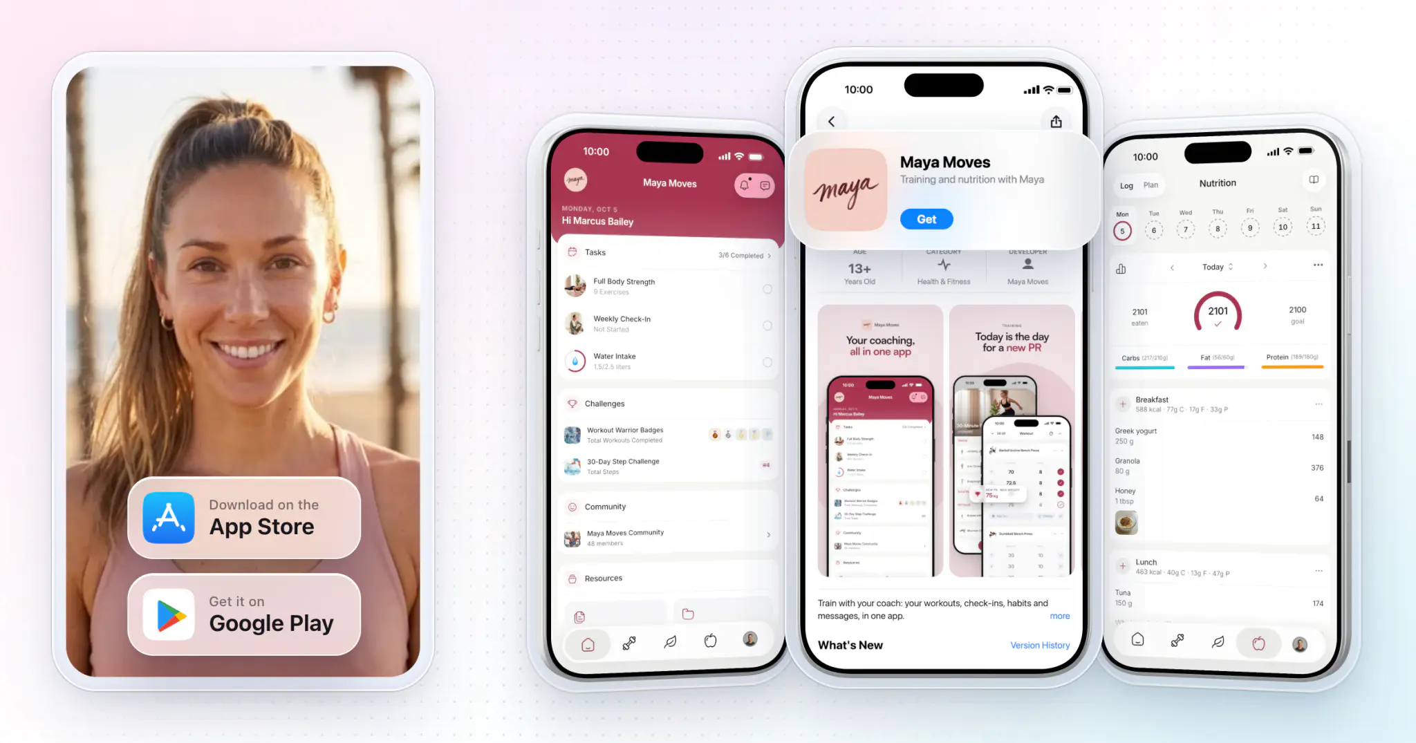 An example coach's own app, Maya Moves: Maya in a framed photo with App Store and Google Play badges, beside three iPhones showing her app's home screen in her rose color, its App Store page and the day's nutrition log