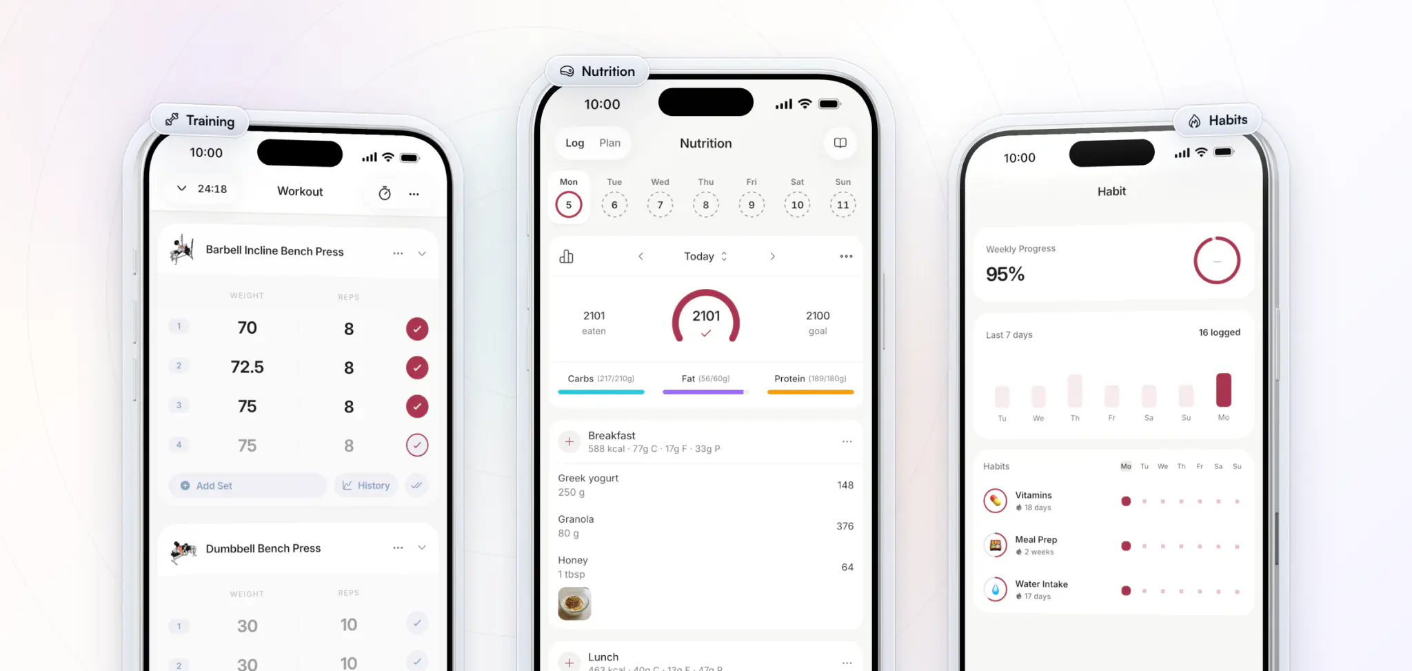 The coaching inside Maya Moves, an example coach's app: a bench press workout logged set by set, the day's food log against macro targets, and daily habits with their streaks