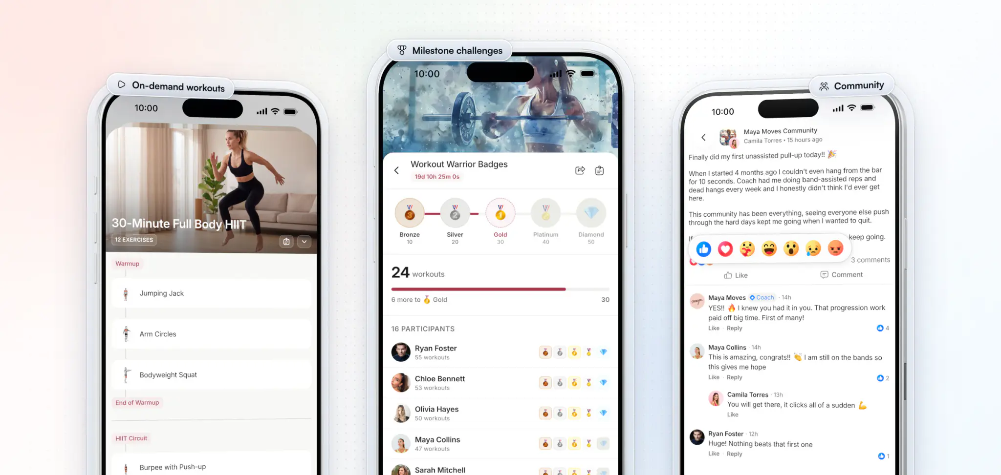 Three screens that keep clients coming back to Maya Moves: an on-demand 30-Minute Full Body HIIT workout, a milestone challenge with its badges, and the community feed with a client's post