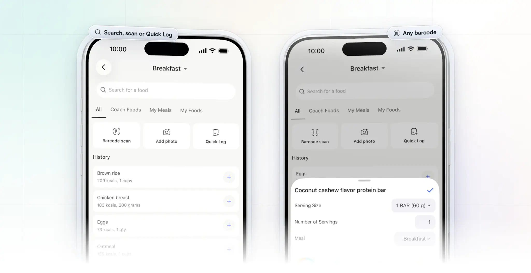 Two HubFit client app screens on iPhone: adding food to breakfast with a search box, Barcode scan, Add photo and Quick Log buttons and a history of foods, and a scanned coconut cashew protein bar ready to log, with its serving size and meal
