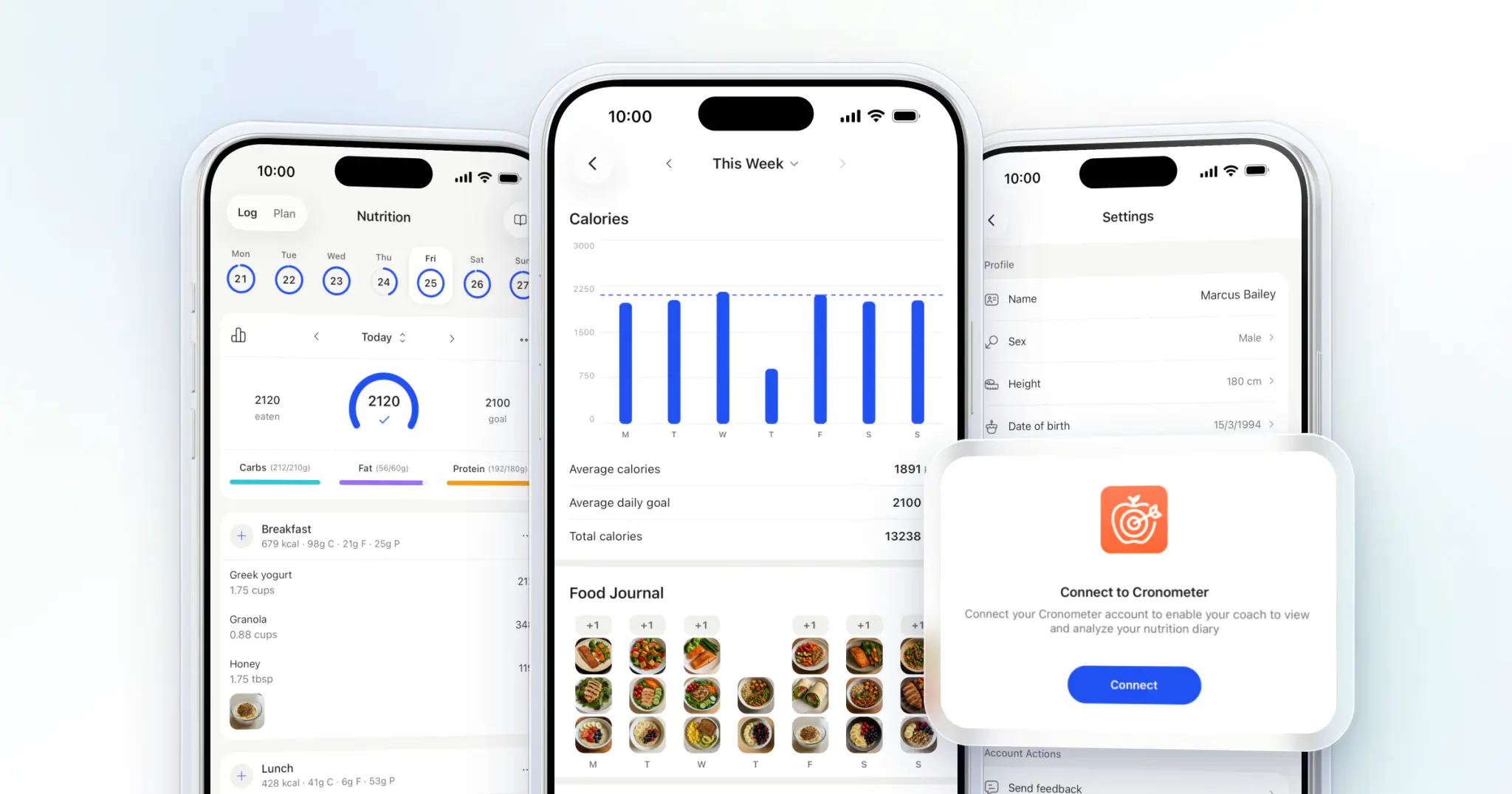 Three HubFit client app screens: today's nutrition log, the weekly nutrition breakdown, and the Connect to Cronometer sheet lifted out in glass