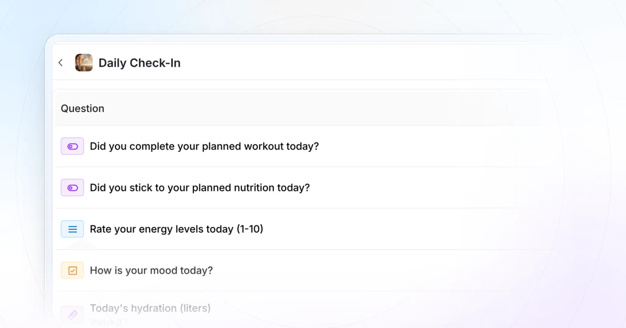 A daily check-in form in HubFit's form builder: workout done, nutrition, energy 1 to 10, mood, hydration, a meal photo and soreness, each with its answer type