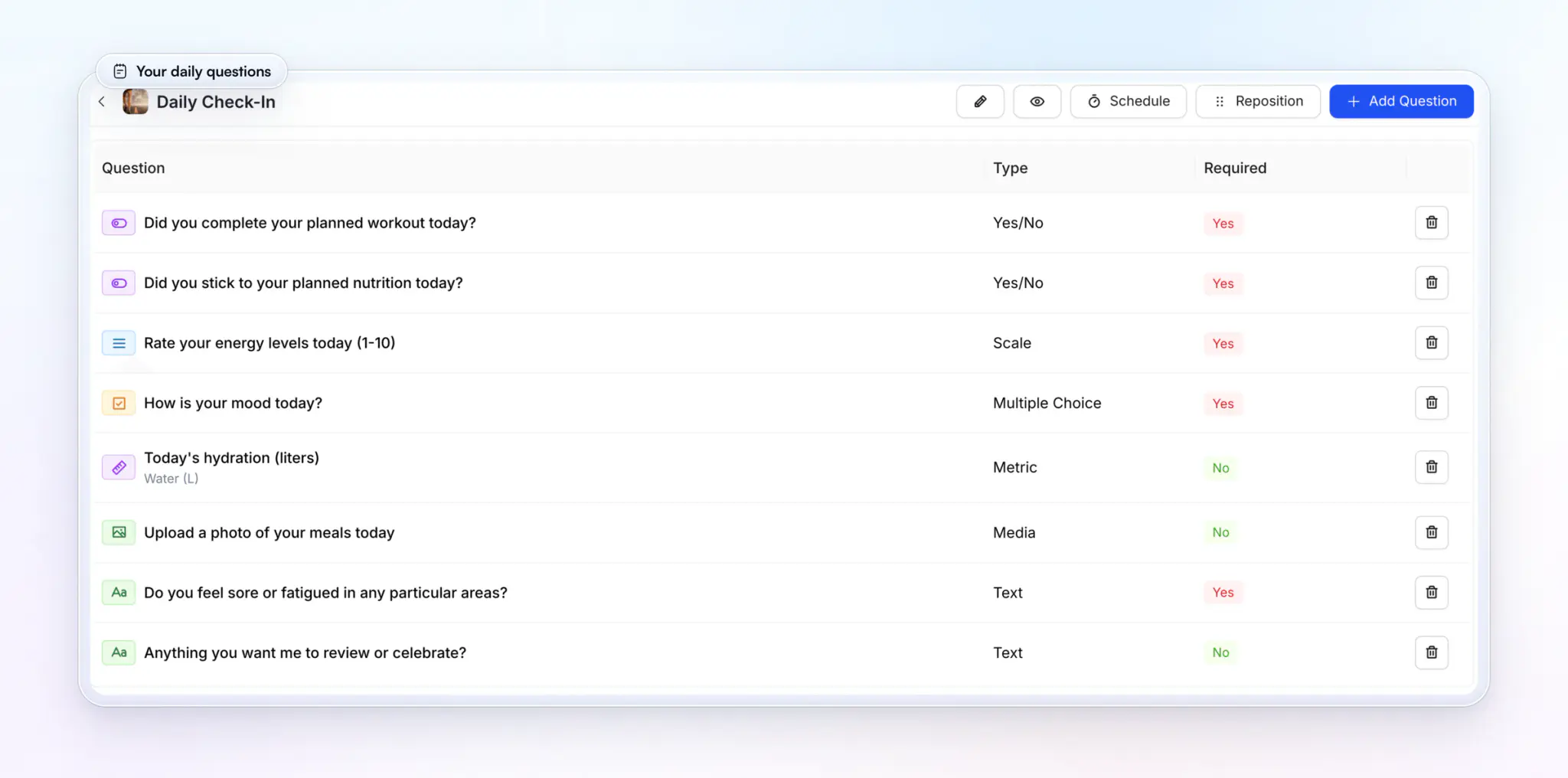 HubFit's form builder with a Daily Check-In open: yes/no questions for the workout and nutrition, a 1 to 10 energy scale, a mood multiple choice, a hydration metric, a meal photo and two text questions, each with its type and whether it's required
