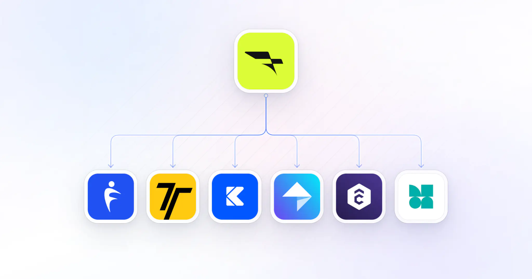 The Everfit app icon at the top, branching down to the app icons of the six alternatives in this guide: HubFit, Trainerize, Kahunas, My PT Hub, TrueCoach, PT Distinction