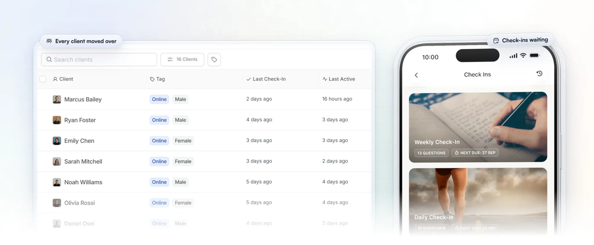 After the move: the coach's client list on the web with each client's tag, last check-in and last active time, beside a client's app with their weekly and daily check-ins waiting, each with its cover photo and next due date