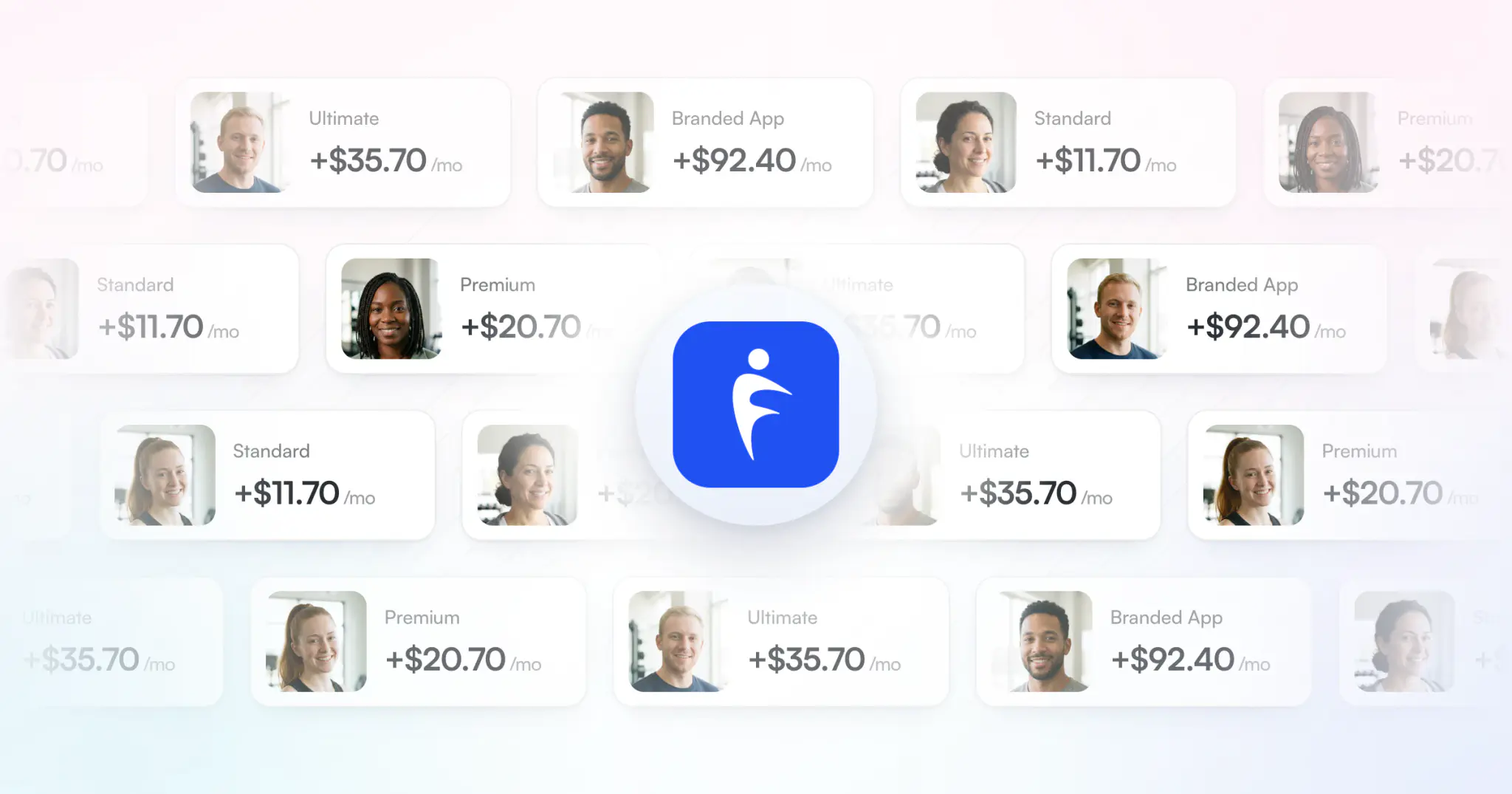 Referral cards, each a coach with their HubFit plan and the monthly commission it pays a partner, around the HubFit app icon