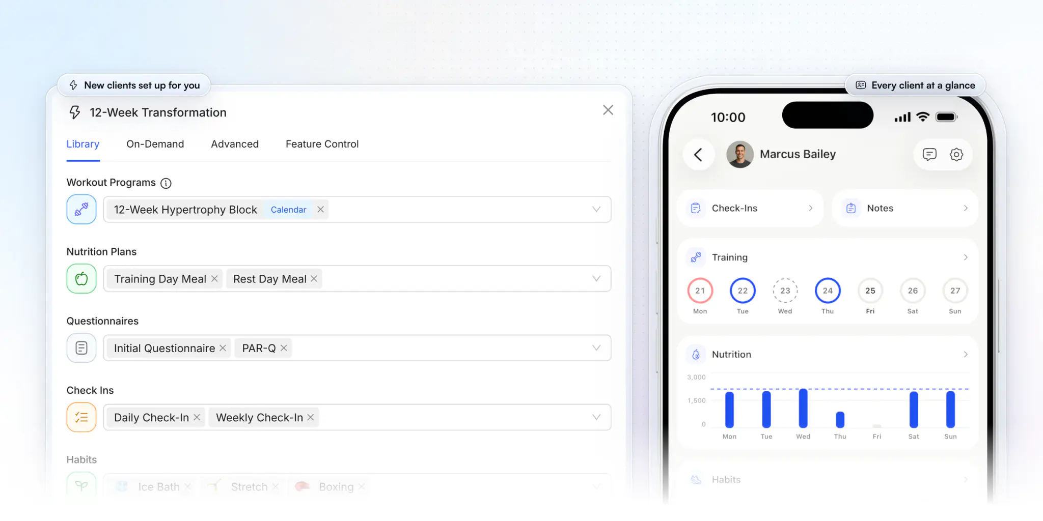 The coach side: an onboarding flow that gives each new client their workout program, nutrition plans, questionnaires, check-ins, habits, metrics and resources at once, beside the coach app's client profile with their training week, a nutrition chart against the daily goal and habit streaks