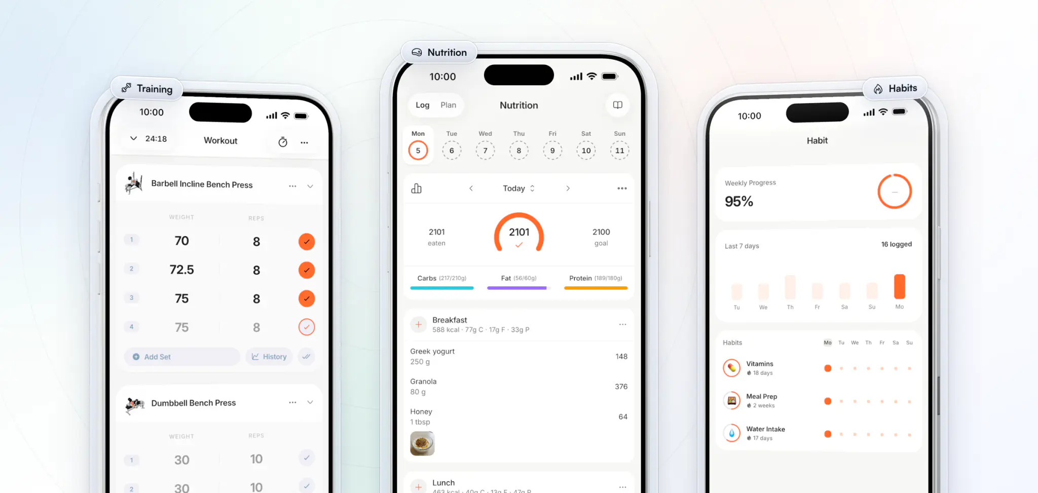 The coaching already built into a coach's own app: a workout logged set by set, the day's food log against its calorie and macro targets, and daily habits with their streaks