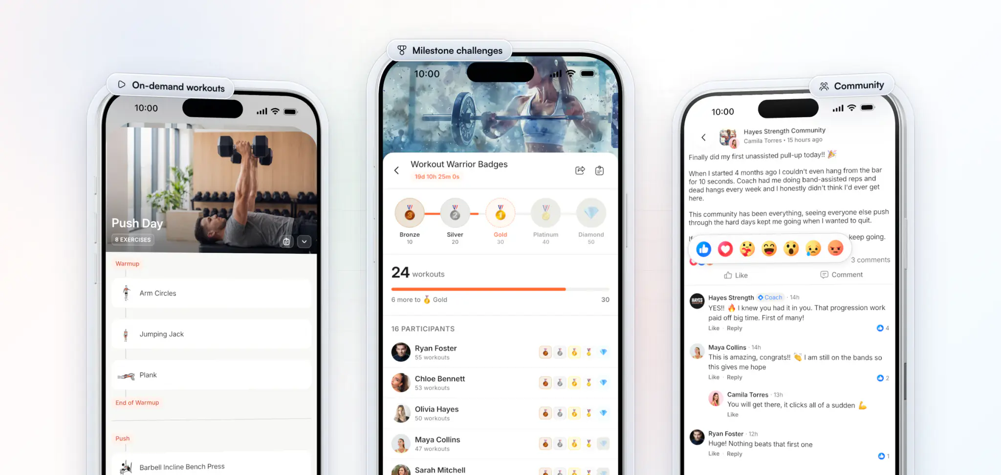 Three screens that keep clients coming back, already in the app: an on-demand Push Day workout, a milestone challenge with its Bronze to Diamond badges, and a client's first pull-up celebrated in the coach's community