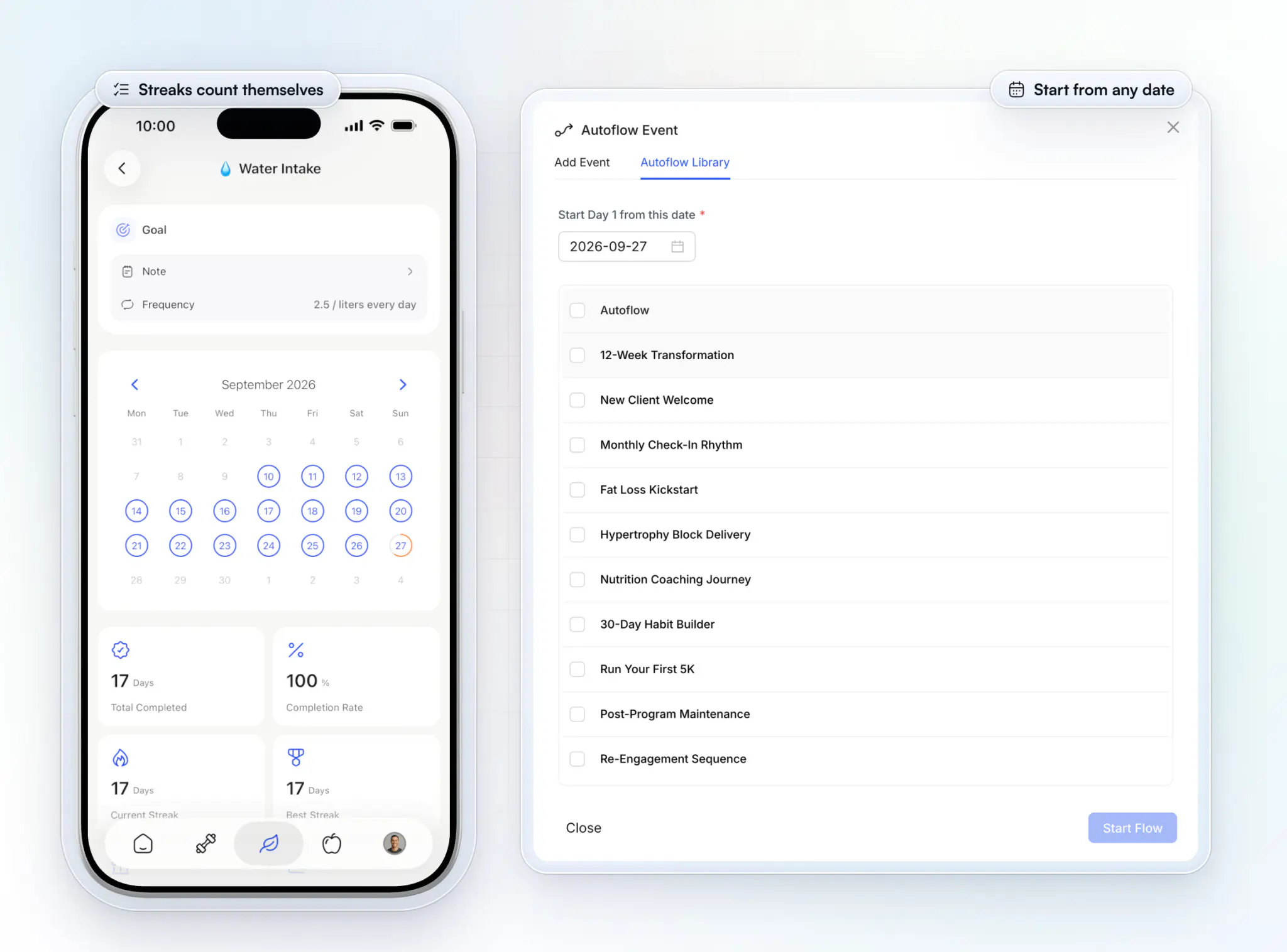 A client's Water Intake habit in the client app with its goal, a September calendar of logged days, days completed, completion rate and streaks, beside the AutoFlow Library in the coach's web app, where templates such as New Client Welcome and Re-Engagement Sequence start from a chosen date
