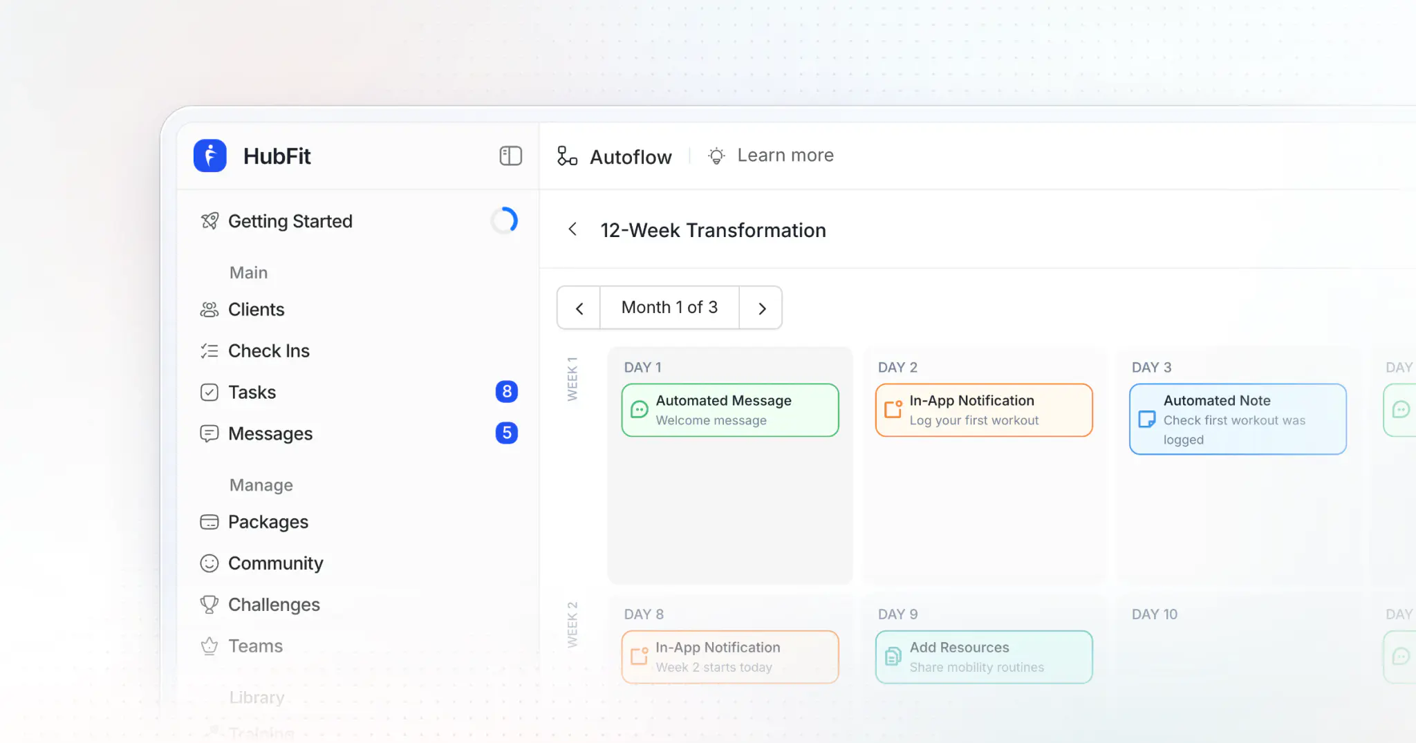 HubFit's AutoFlow builder on the web: day-based steps that send messages and assign content automatically