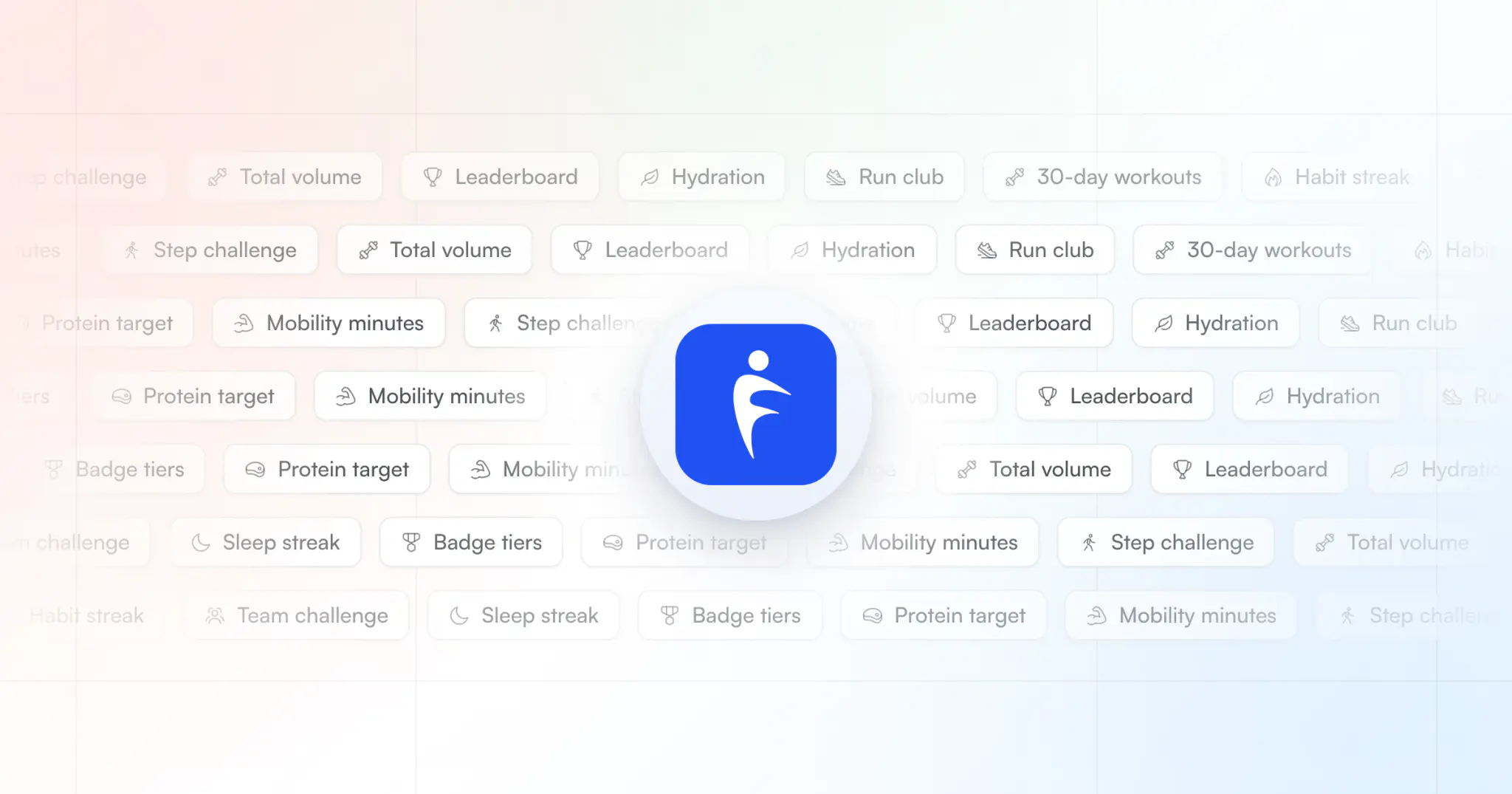 Rows of fitness challenge ideas as soft tags, such as step challenge, protein target and badge tiers, around the HubFit app icon