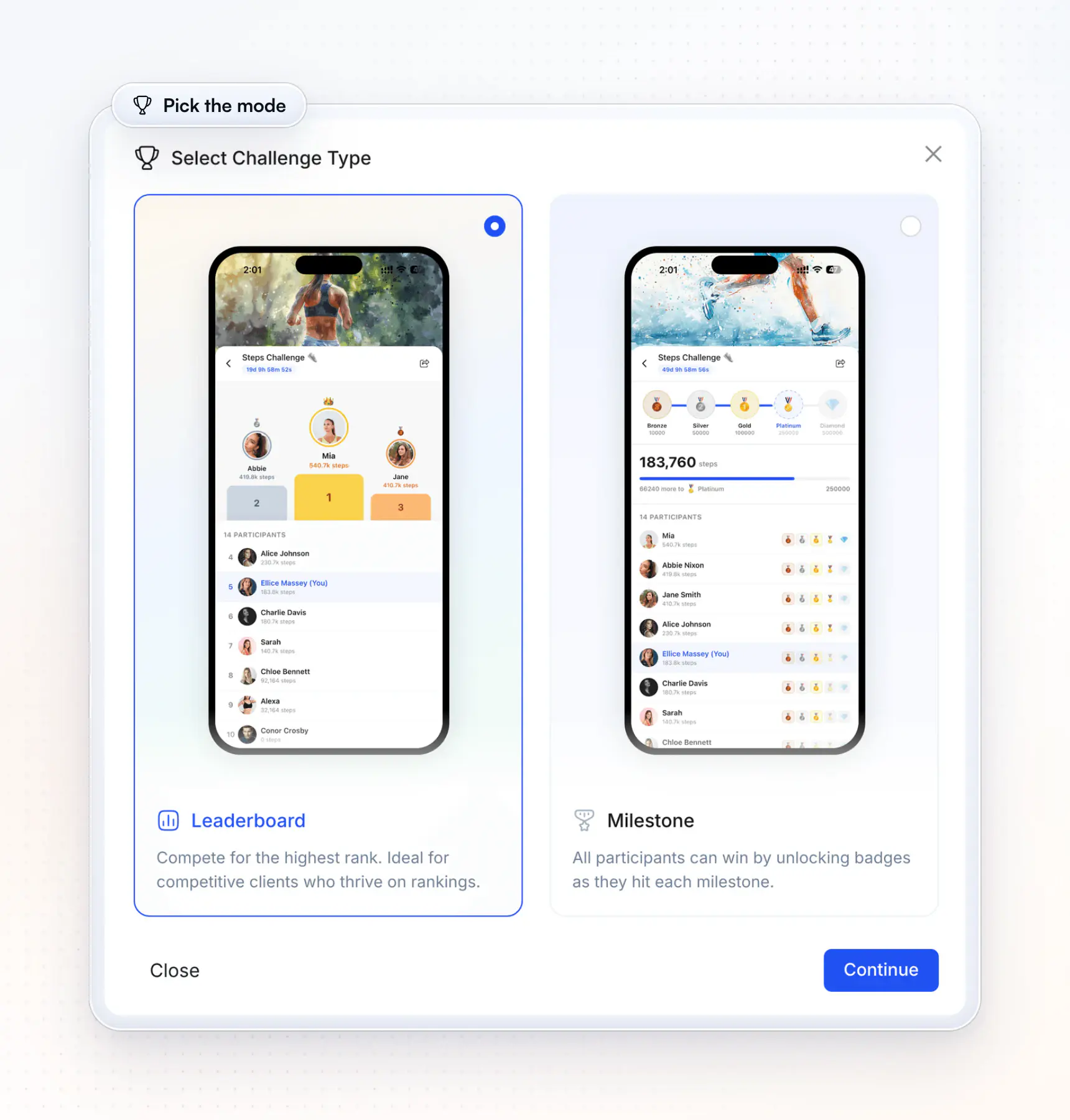 Choosing the challenge type in HubFit: Leaderboard, to compete for the highest rank, or Milestone, where everyone can win by unlocking badges as they hit each target