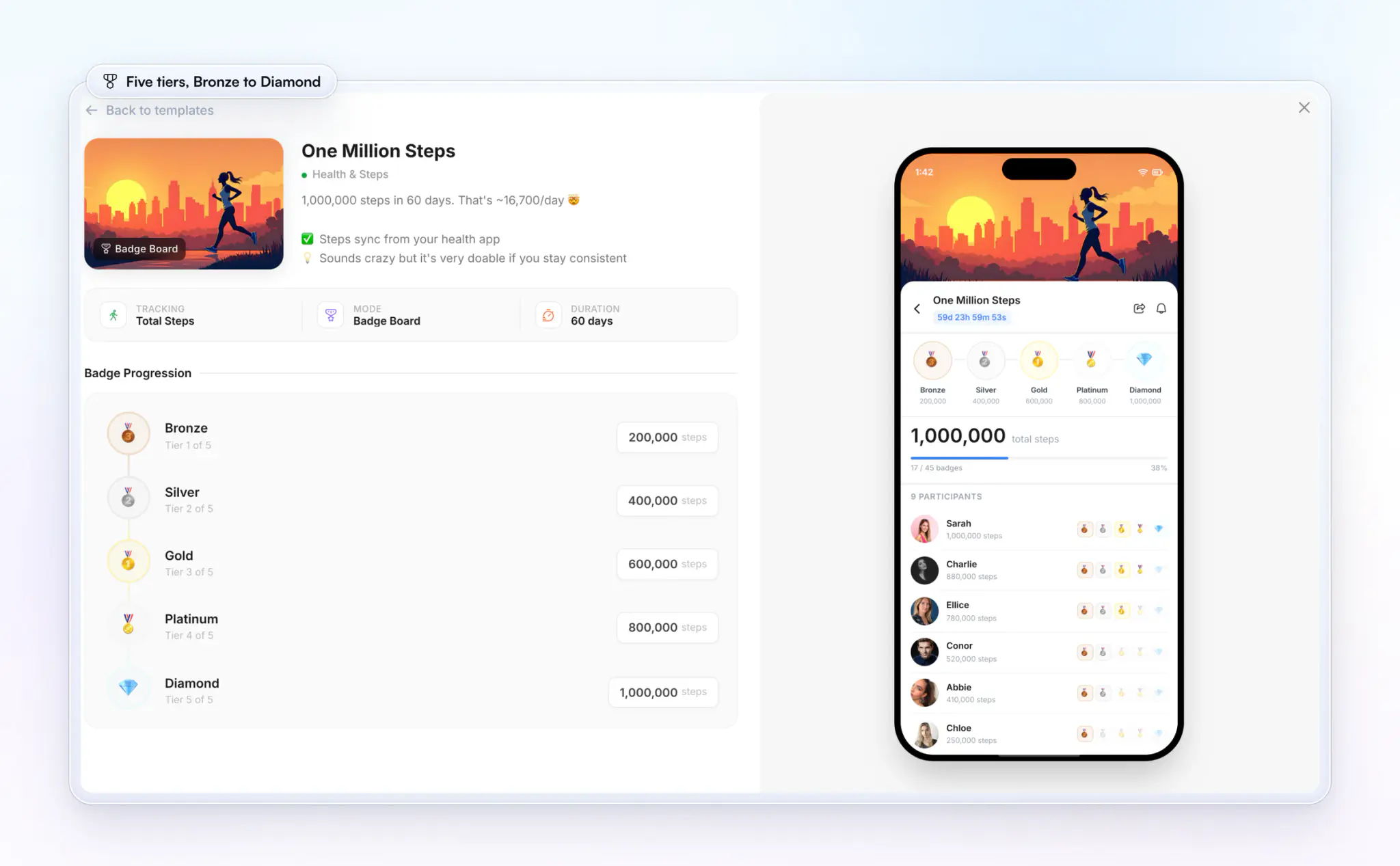 The One Million Steps template in HubFit: five badge tiers from Bronze at 200,000 steps to Diamond at 1,000,000