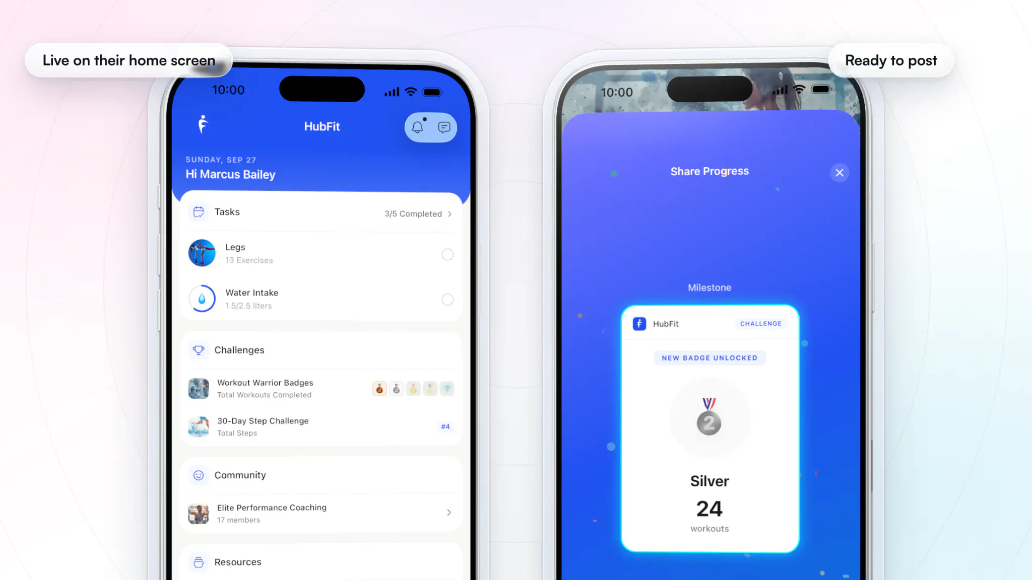 A client's home screen in HubFit with two live challenges, a workout badge challenge and a 30-day step challenge where they sit fourth, beside the Share Progress screen with a Silver badge card for 24 workouts, ready for Instagram or Facebook