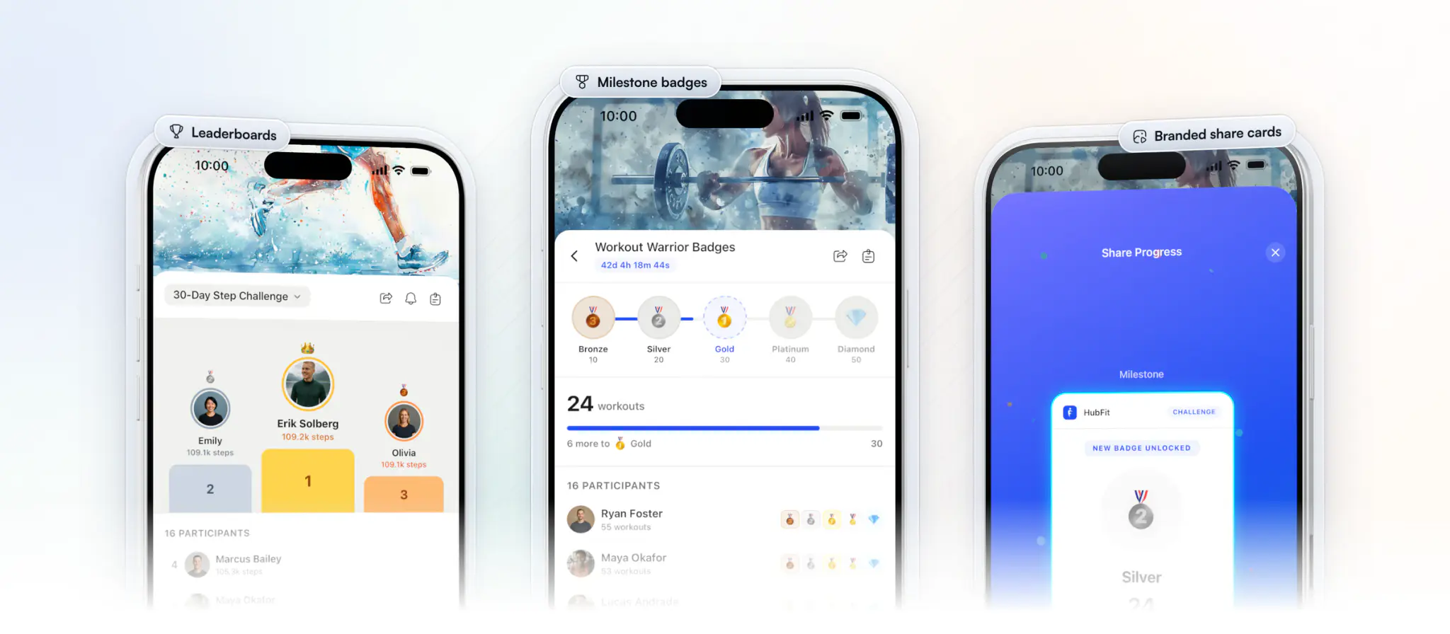 Three iPhones: the 30-Day Step Challenge leaderboard in the HubFit coach app with Erik Solberg first on 109.2k steps, a client's Workout Warrior Badges milestone at 24 workouts with 6 more to Gold, and the branded share card for a new Silver badge with Instagram and Facebook buttons