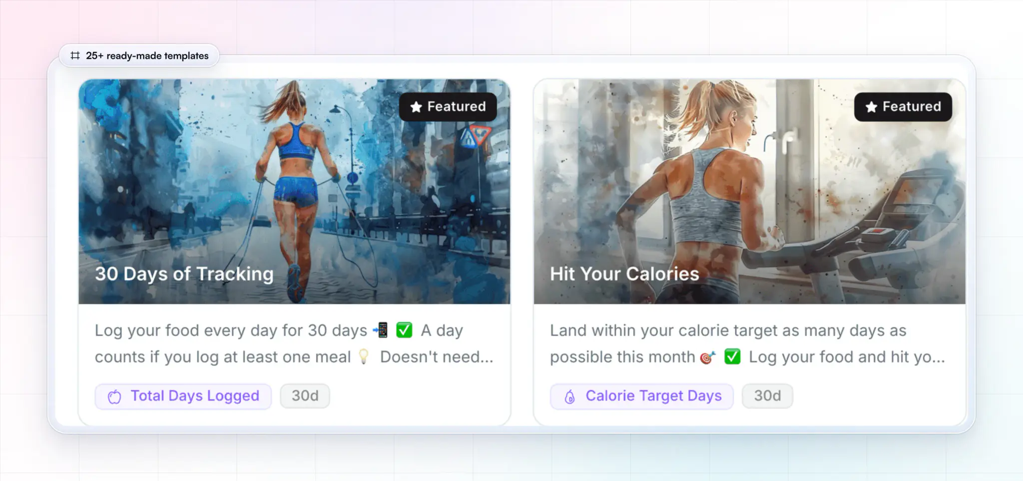 Ready-made challenge templates in HubFit's coach web app, such as 30 Days of Tracking and Hit Your Calories, each with its metric and length