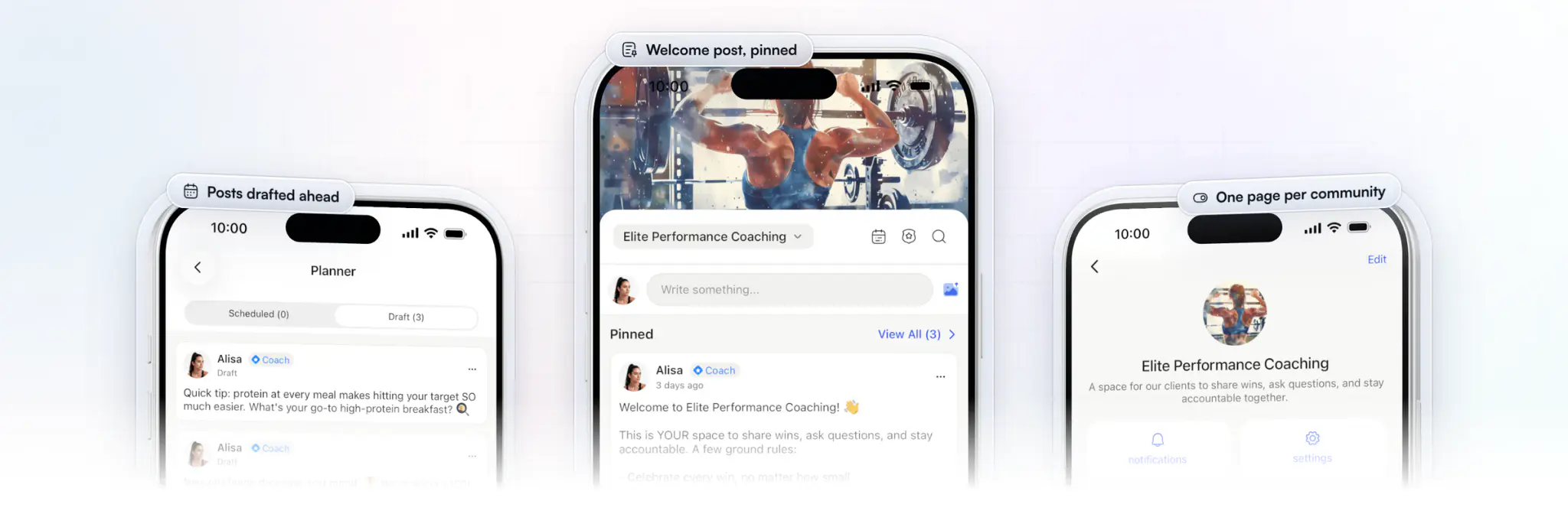 Running a community from the HubFit coach app on three iPhones: two posts drafted ahead in the community planner, the community's feed with the welcome post and its ground rules pinned, and the community's own page with its cover, name and description