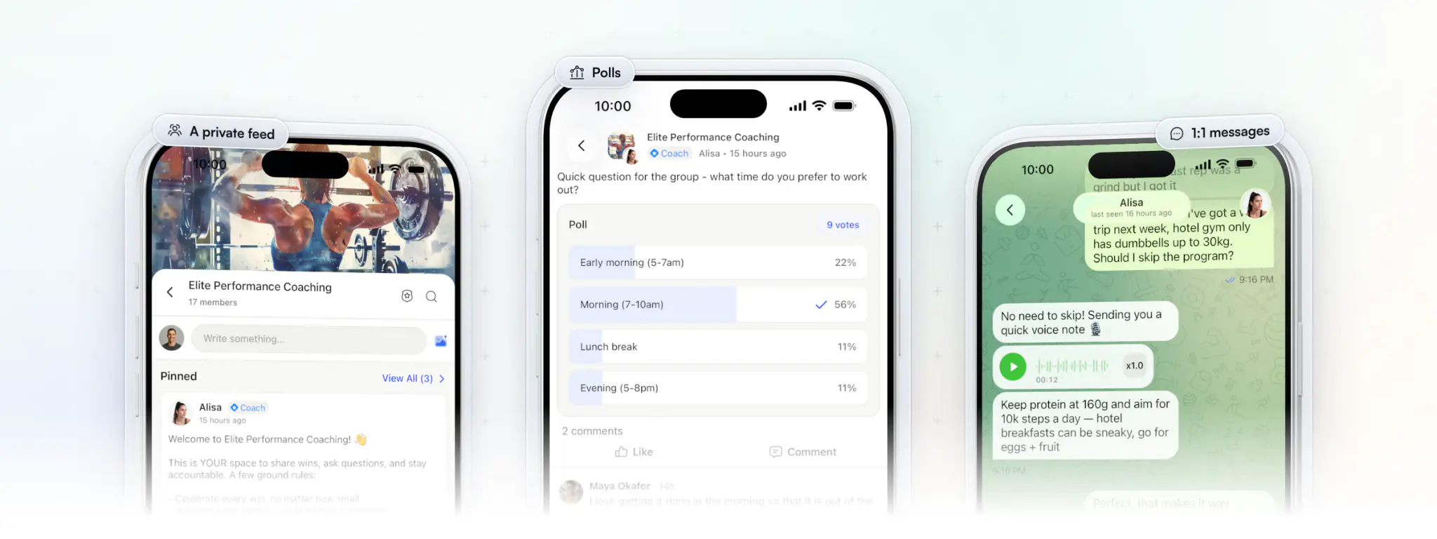 HubFit's community in the client app on three iPhones: the group's feed with the coach's pinned welcome post, a poll asking what time members prefer to work out with 56% choosing morning, and a 1:1 chat with the coach's voice note and advice
