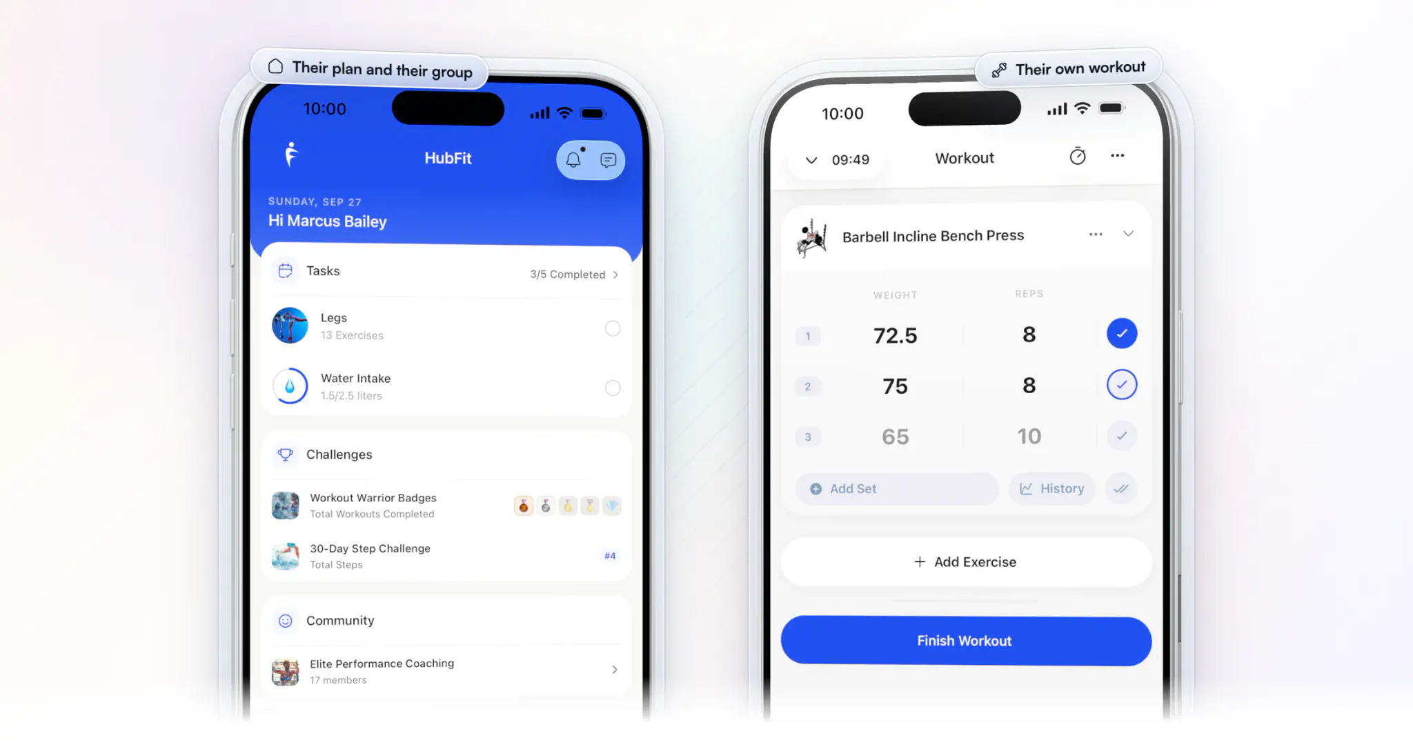 A client's HubFit app in a group program: home with today's workout, water intake, the group's challenges and the Elite Performance Coaching community, beside a workout being logged set by set
