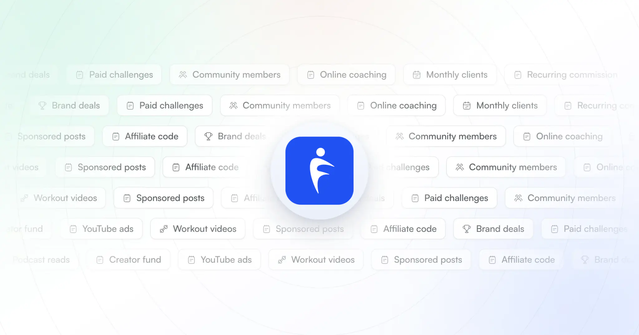 The ways fitness creators earn, such as brand deals, sponsored posts, online coaching and recurring commission, as soft tags around the HubFit app icon