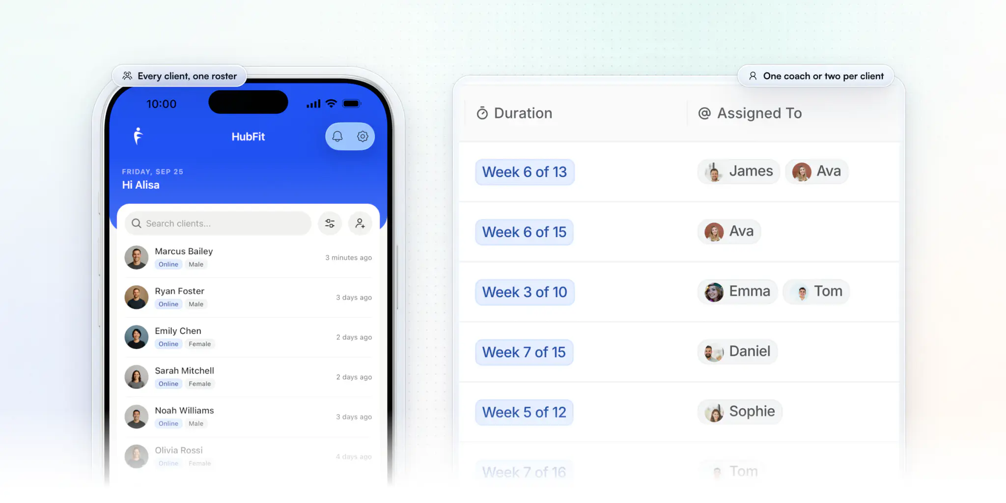 A coaching team's clients in HubFit: the coach app's client list with each client's online or in-person tag and last activity, beside the web client list where each client shows their program week and the trainers assigned to them, some with two coaches such as James and Ava
