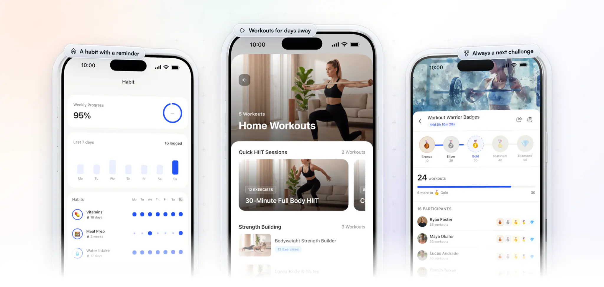 What a gym member sees between visits in the HubFit app, on three iPhones: daily habits with their weekly progress and streaks, a Home Workouts collection of follow-along sessions led by a 30-Minute Full Body HIIT workout, and a workout badge challenge with five tiers from Bronze to Diamond