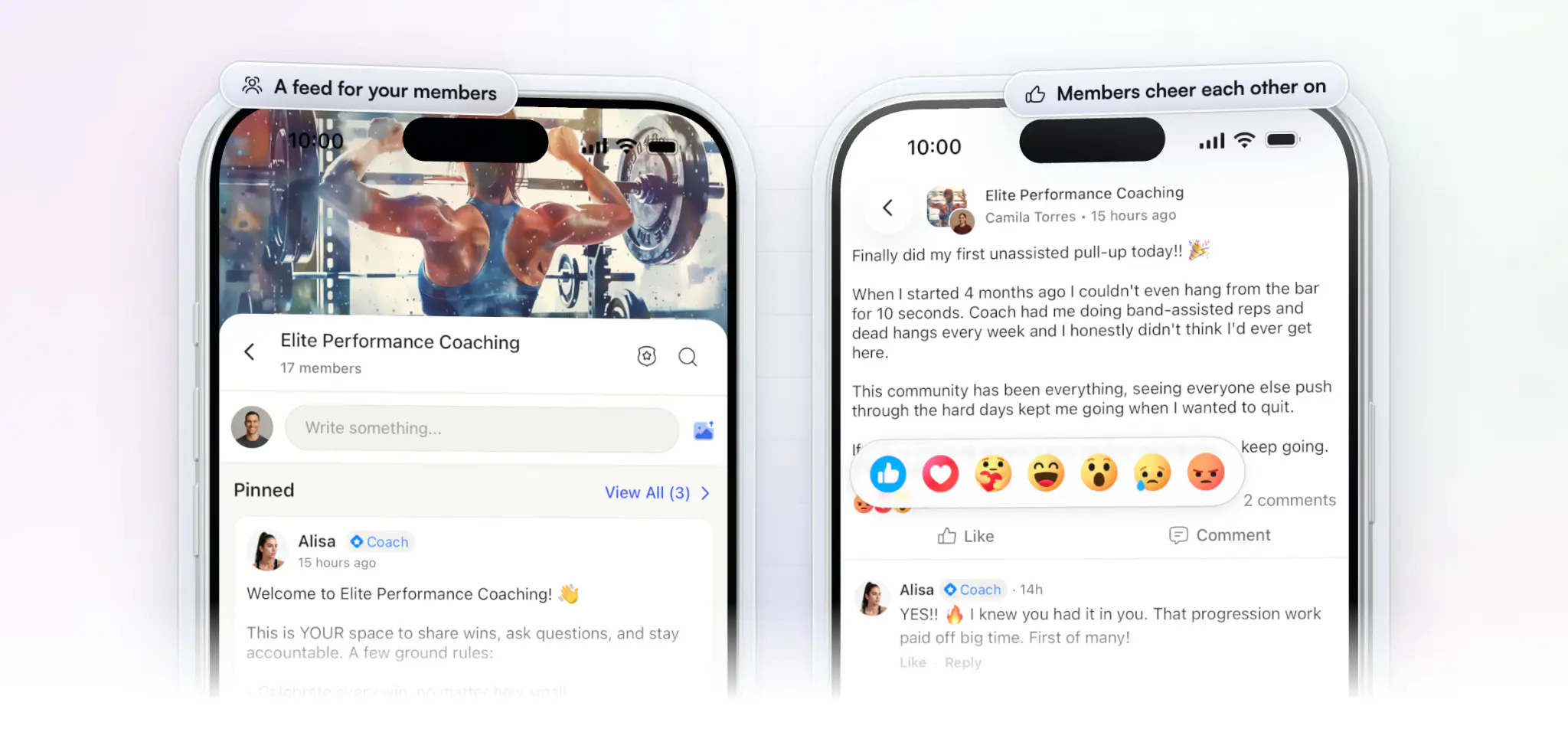 A private member community in the HubFit app on two iPhones: the feed with its pinned welcome post, and a member's post about her first unassisted pull-up with the reaction picker open and the coach's reply