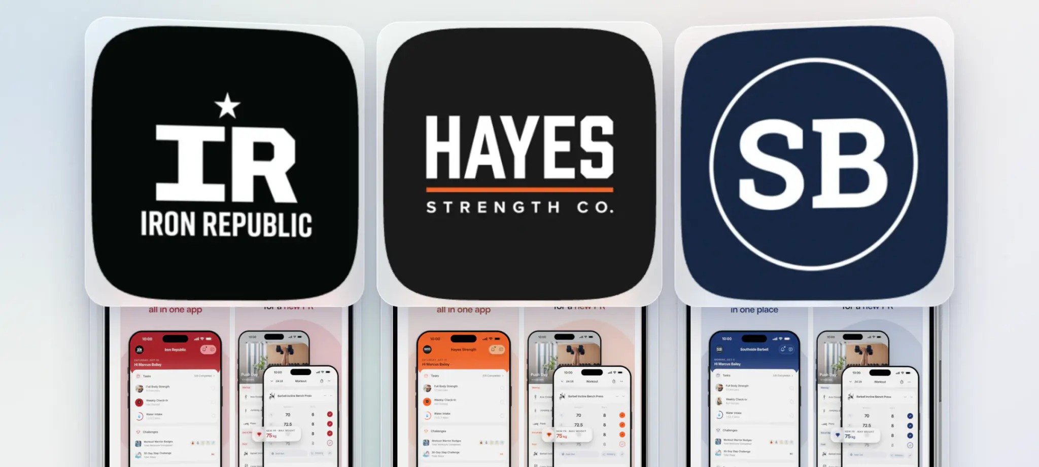 Three example gym apps on the App Store, Iron Republic, Hayes Strength and Southside Barbell, each listing on an iPhone with its app icon lifted out in glass