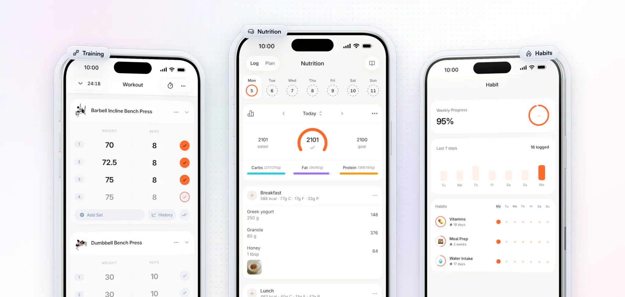 Inside an example gym's own app, Hayes Strength, in its orange: a workout logged set by set, the day's food log against macro targets, and the member's daily habits