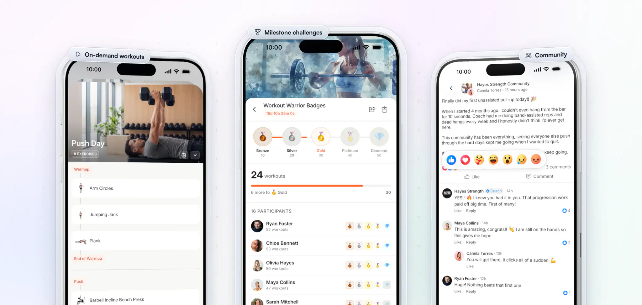 More of Hayes Strength's app: an on-demand follow-along workout, a Workout Warrior milestone challenge with its badges, and the gym's community feed