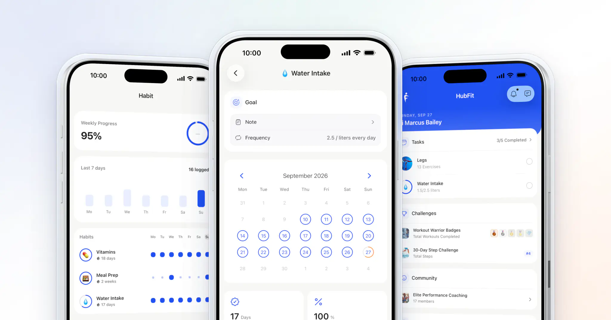 Three HubFit client app screens: weekly habit progress, a water intake habit and today's tasks on the home dashboard