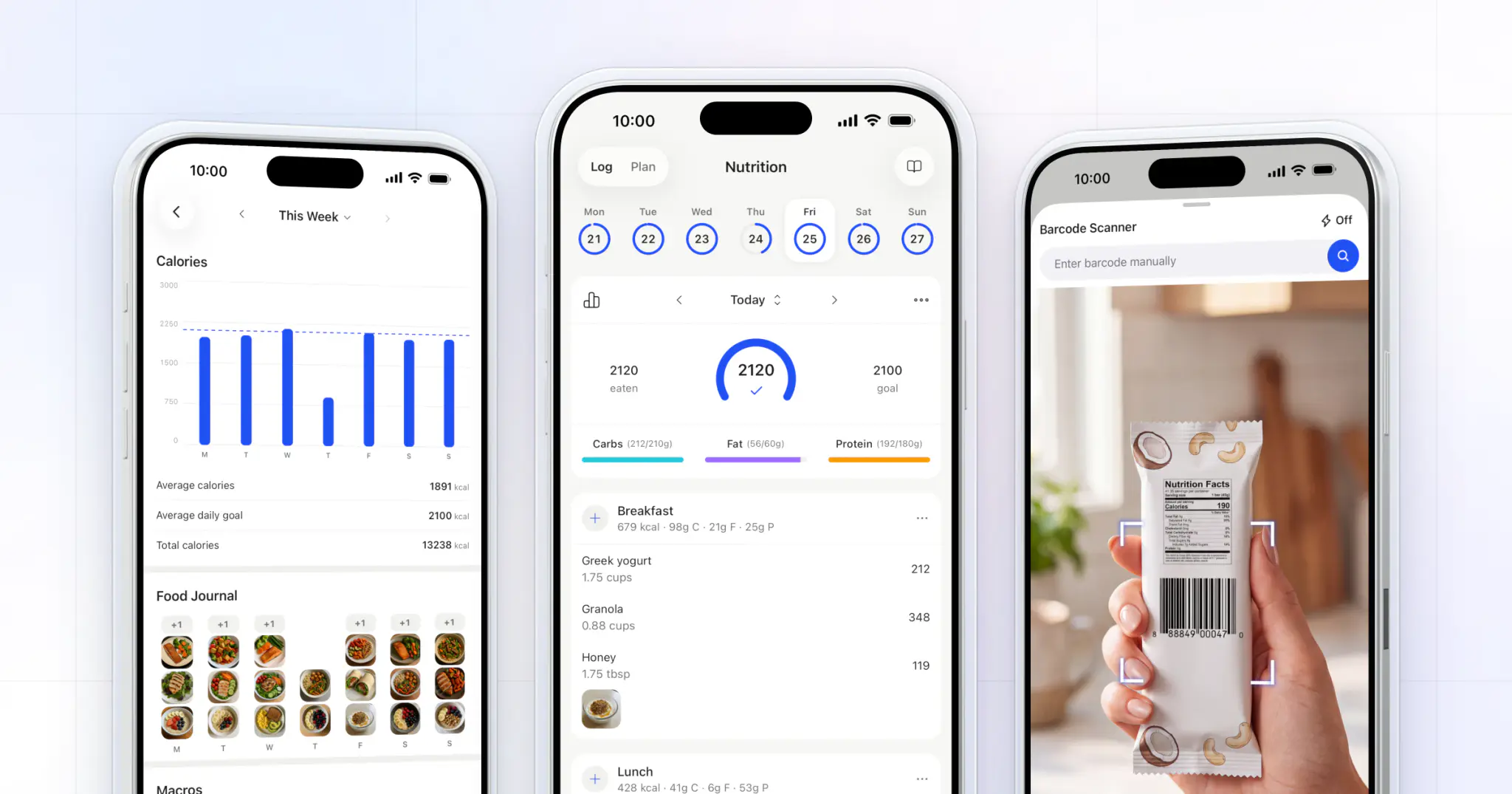 Three HubFit client app screens: the week's calories against the daily goal, the day's food log with calories and macros toward their targets, and the barcode scanner reading a packaged food