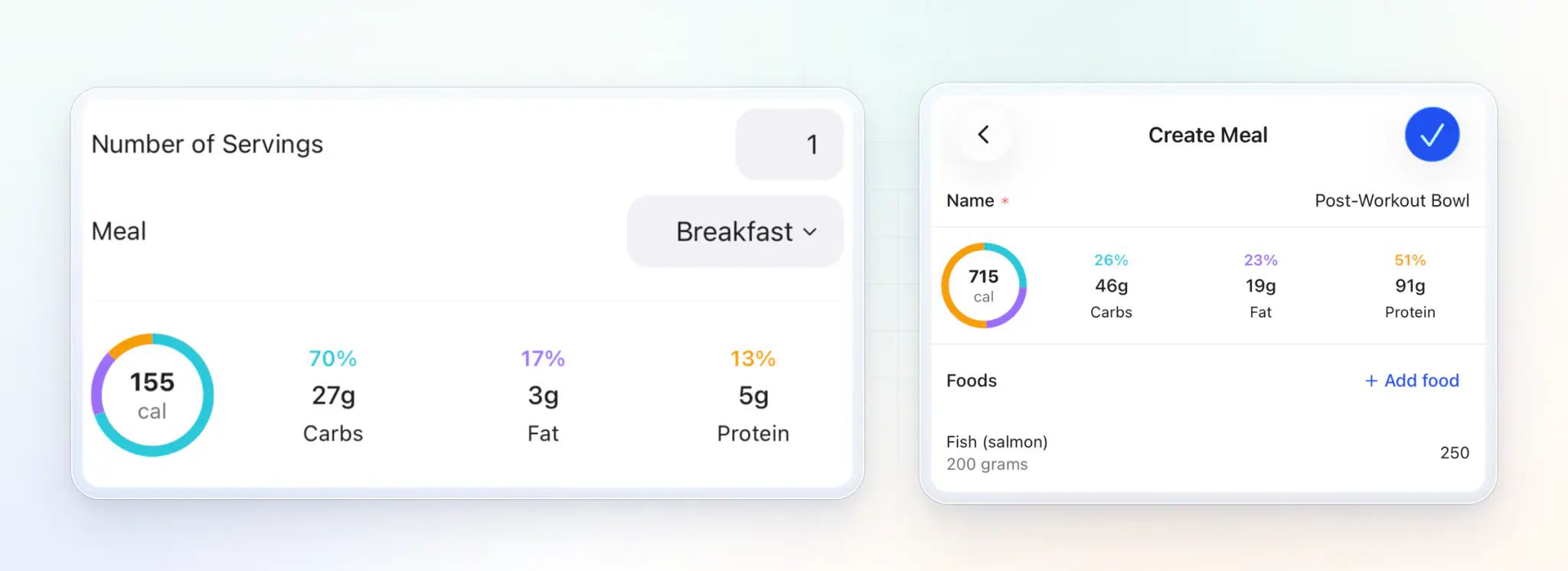 Two HubFit client app screens: a logged breakfast serving at 155 calories with 27 g carbs, 3 g fat and 5 g protein, and a Post-Workout Bowl the client is building, at 715 calories with 46 g carbs, 19 g fat and 91 g protein